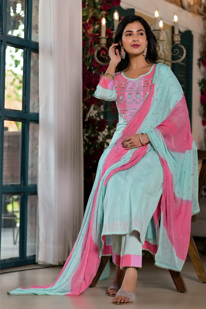 Sea Green Cotton Anarkali Round Neck Thread Work Kurta & Trouser With Dupatta