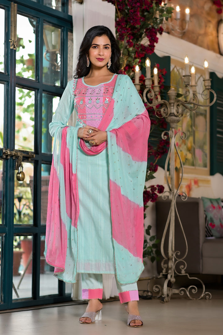 Aavanya Sea Green Cotton Anarkali Round Neck Thread Work Kurta & Trouser With Dupatta
