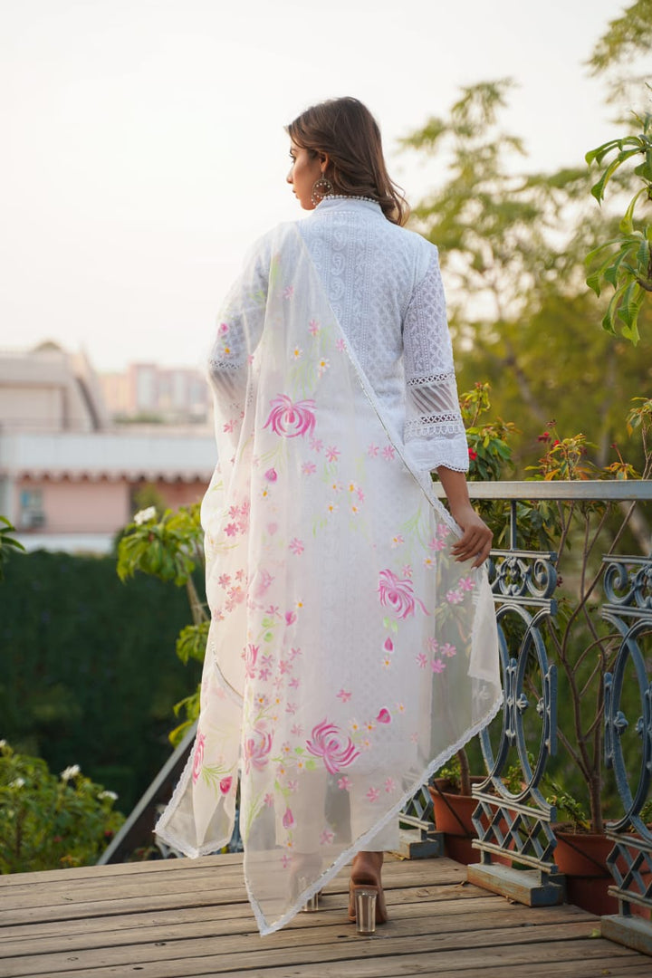 White Georgette with Thread Work V-Neck Kurta & Trouser With Dupatta