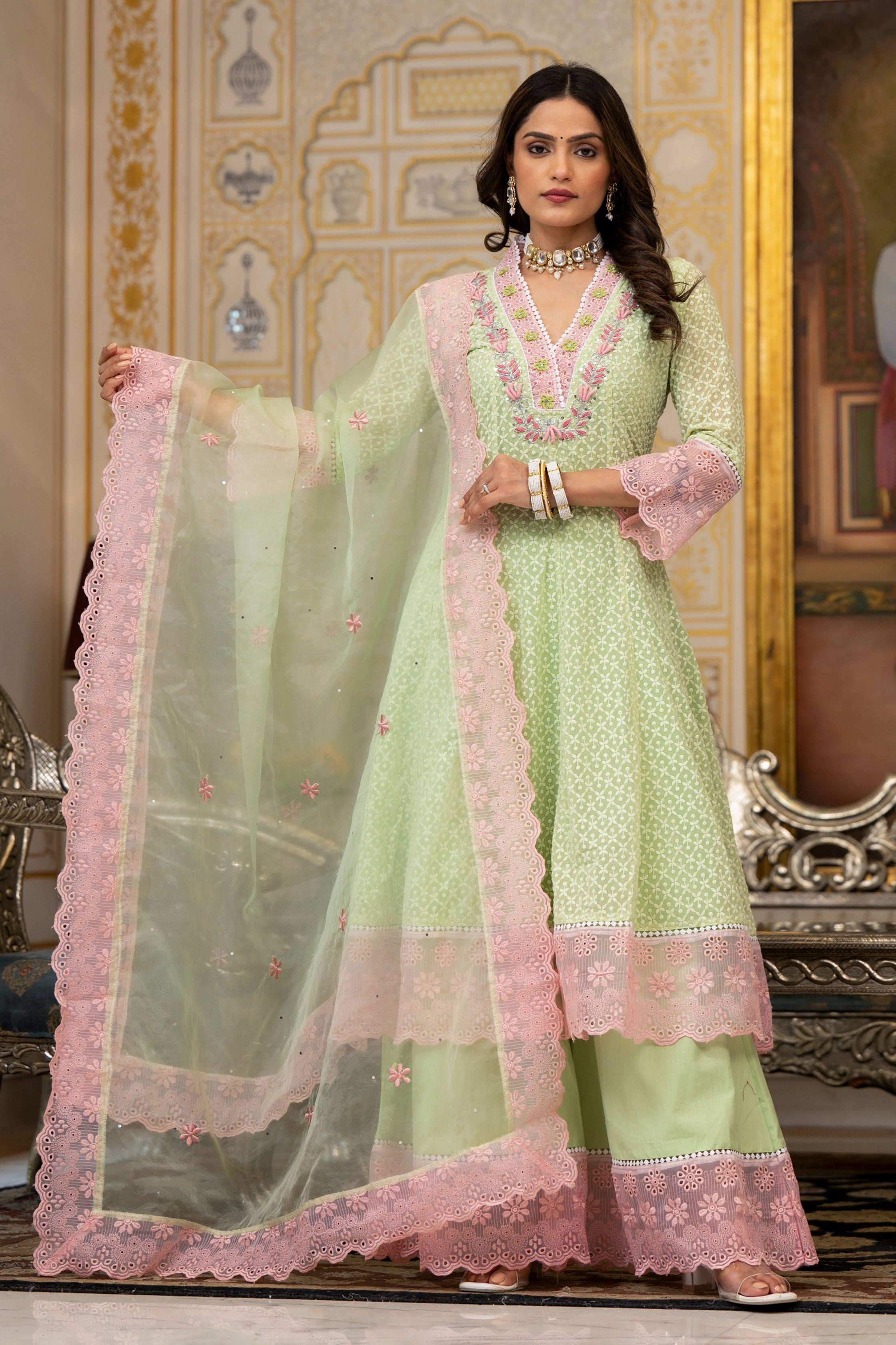 Lime Green Georgette Bead & Stone Work V-Neck Anarkali Kurta & Palazzo With Dupatta