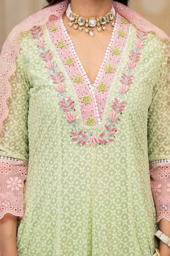 Lime Green Georgette Bead & Stone Work V-Neck Anarkali Kurta & Palazzo With Dupatta