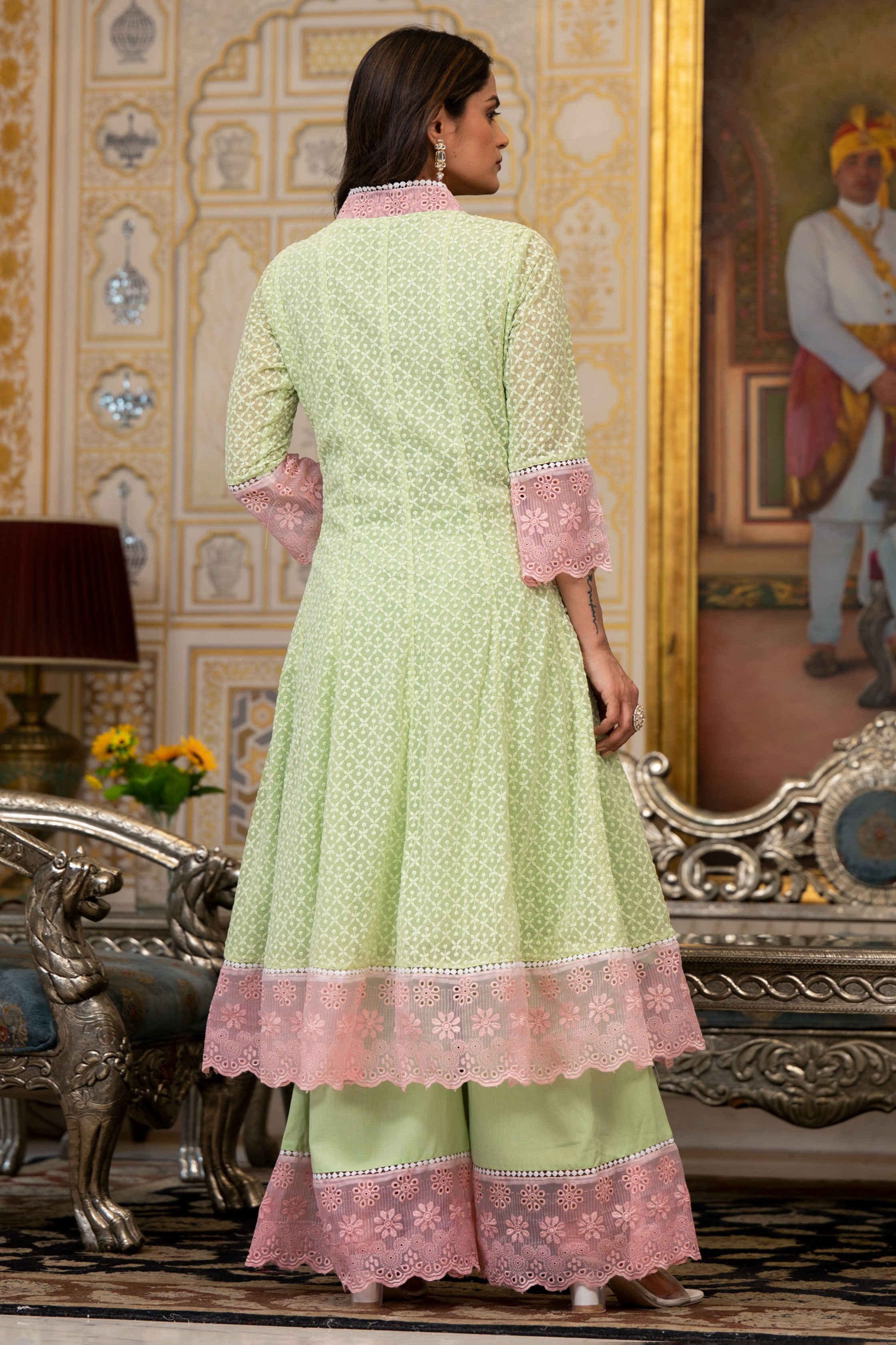 Lime Green Georgette Bead & Stone Work V-Neck Anarkali Kurta & Palazzo With Dupatta