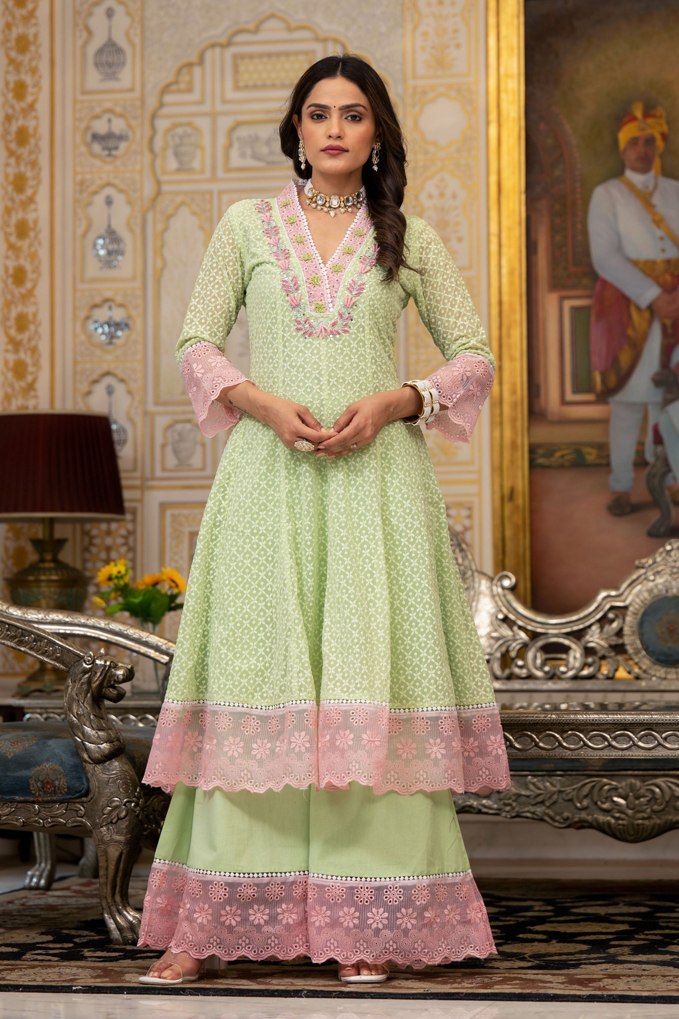 Lime Green Georgette Bead & Stone Work V-Neck Anarkali Kurta & Palazzo With Dupatta