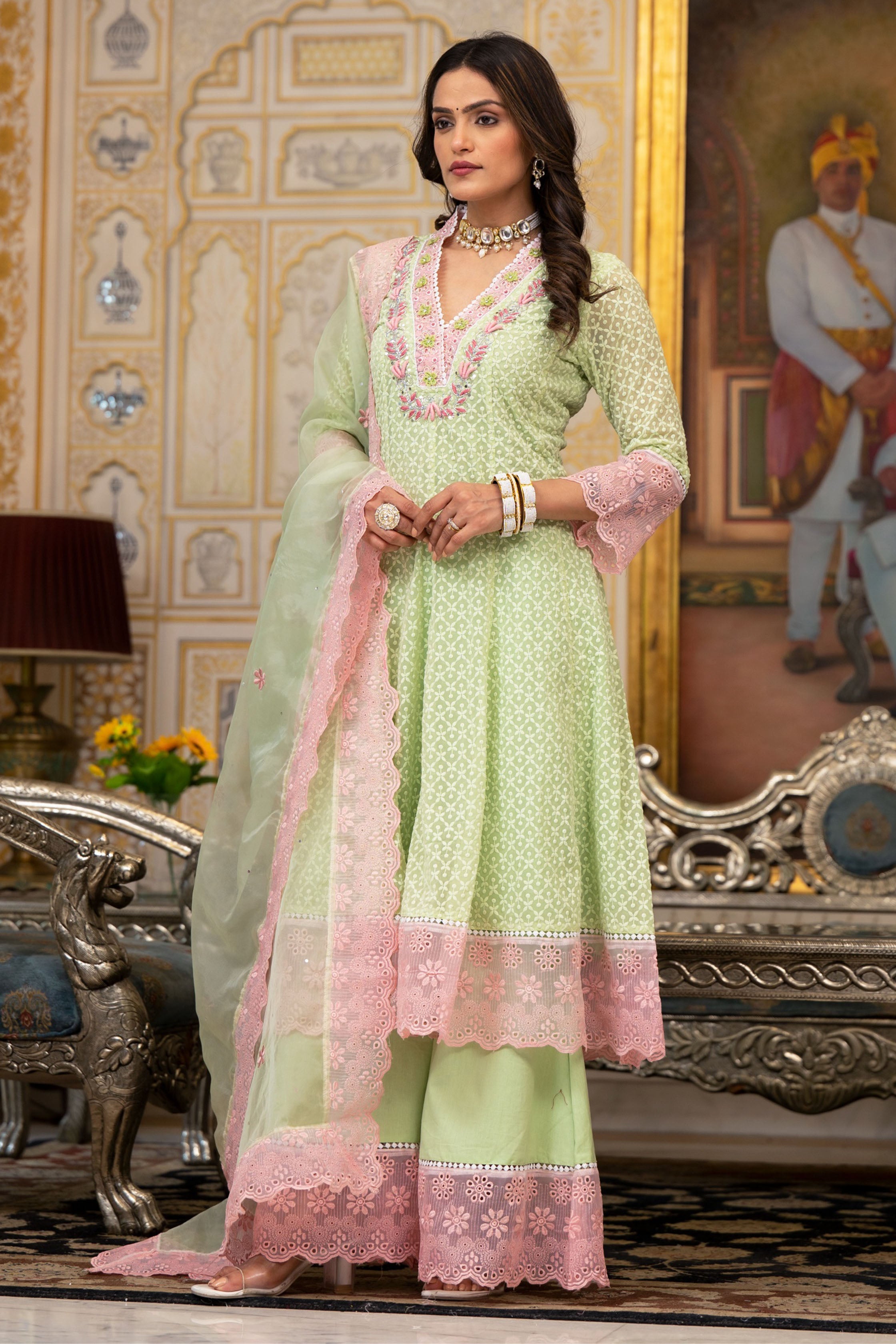Lime Green Georgette Bead & Stone Work V-Neck Anarkali Kurta & Palazzo With Dupatta