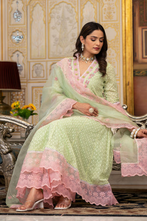 Aavanya Lime Green Georgette Bead & Stone Work V-Neck Anarkali Kurta & Palazzo With Dupatta