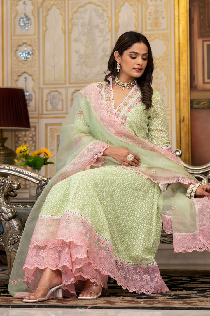 Aavanya Lime Green Georgette Bead & Stone Work V-Neck Anarkali Kurta & Palazzo With Dupatta