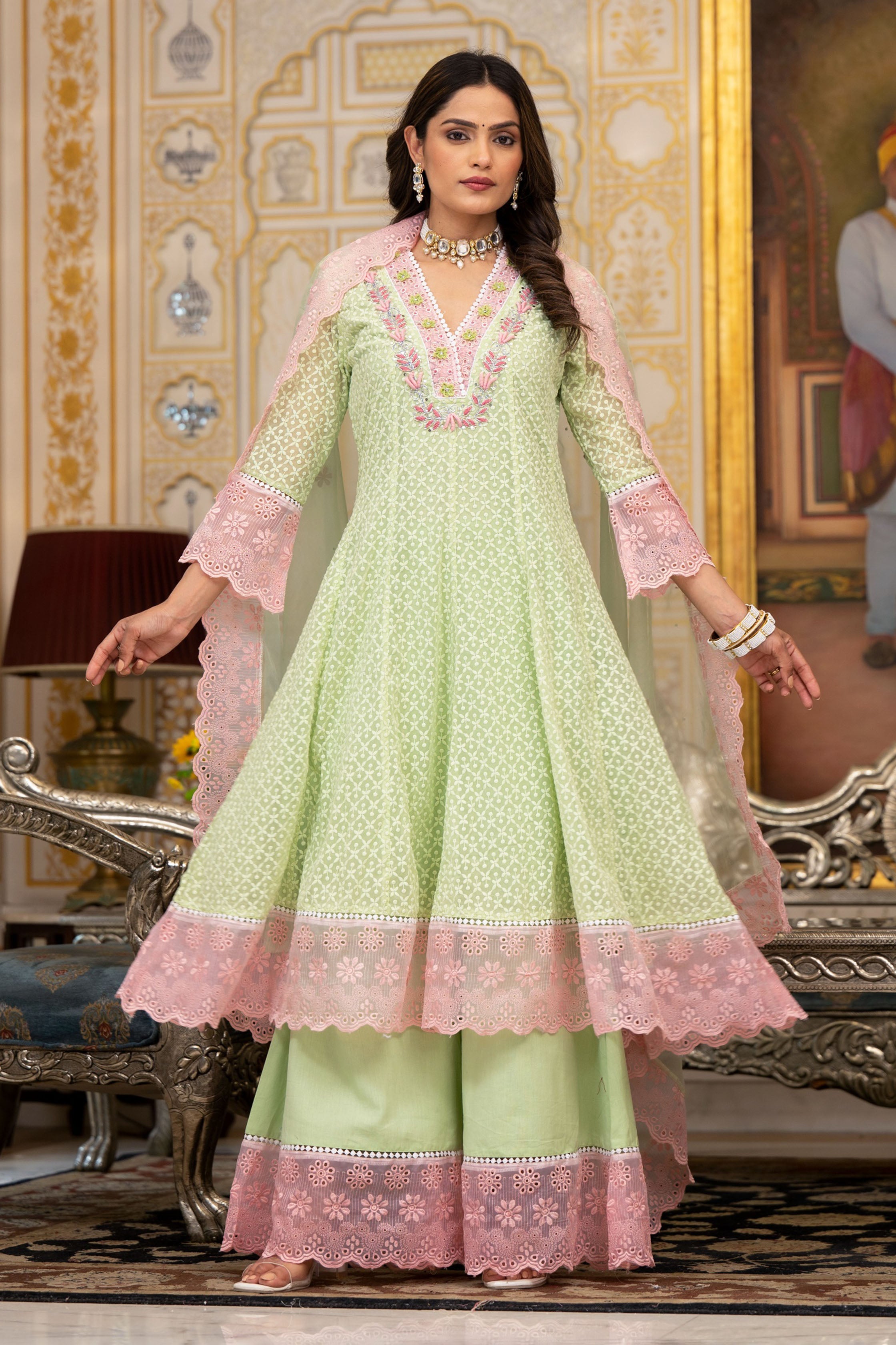 Lime Green Georgette Bead & Stone Work V-Neck Anarkali Kurta & Palazzo With Dupatta