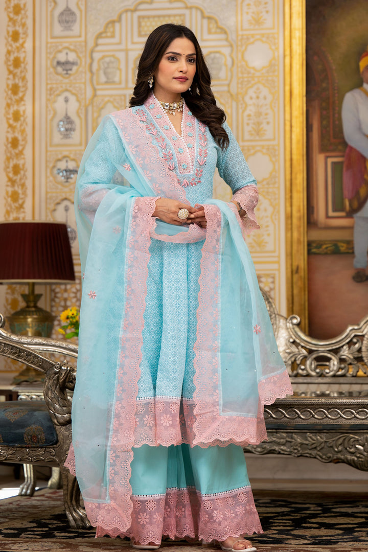 Sea Green Georgette Bead & Stone Work V-Neck Anarkali Kurta & Palazzo With Dupatta