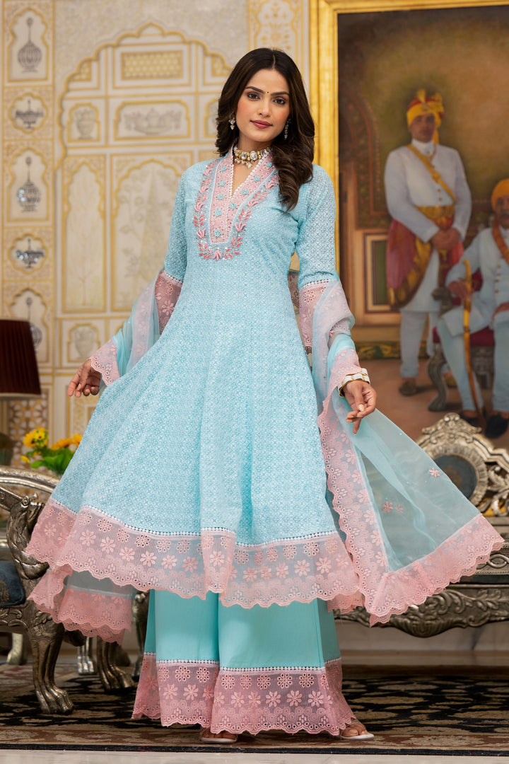 Aavanya Sea Green Georgette Bead & Stone Work V-Neck Anarkali Kurta & Palazzo With Dupatta