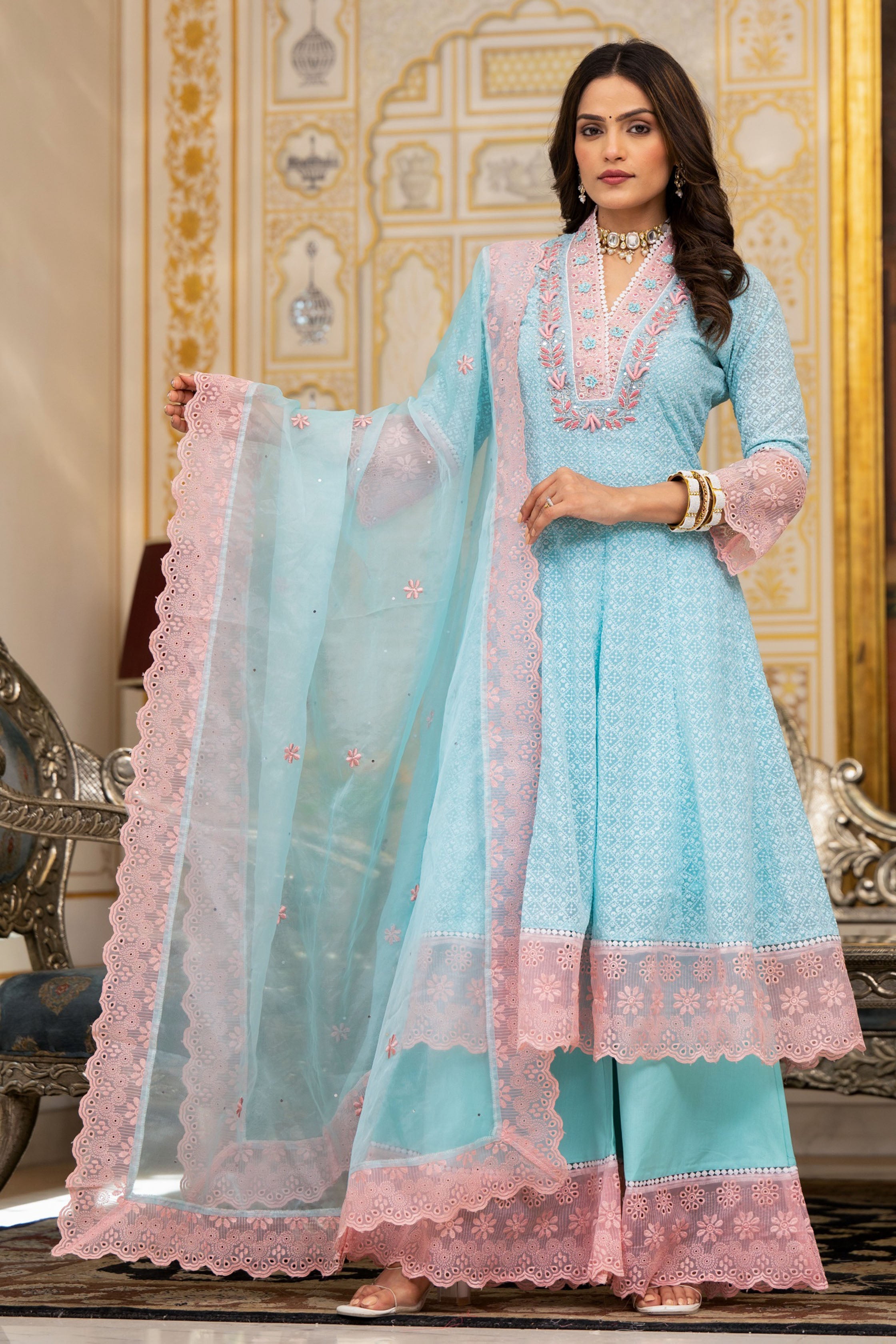 Sea Green Georgette Bead & Stone Work V-Neck Anarkali Kurta & Palazzo With Dupatta