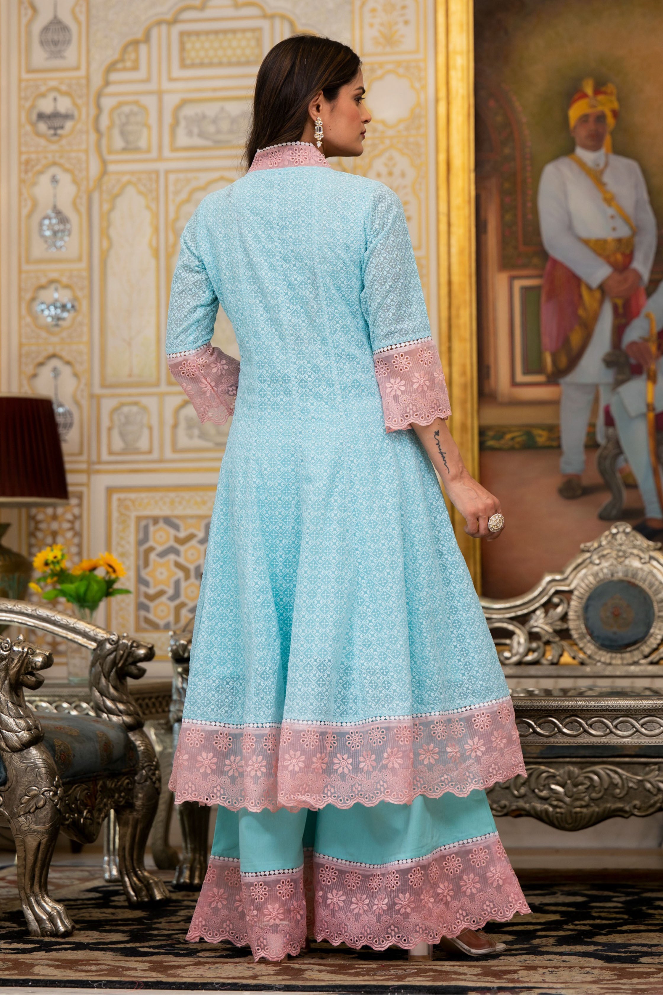 Sea Green Georgette Bead & Stone Work V-Neck Anarkali Kurta & Palazzo With Dupatta