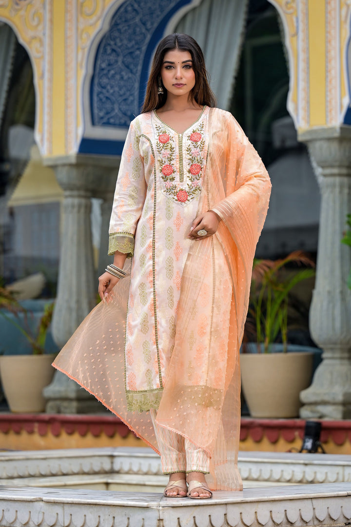 Aavanya Peach Cotton Straight V-Neck Sequinned Kurta & Trouser With Dupatta