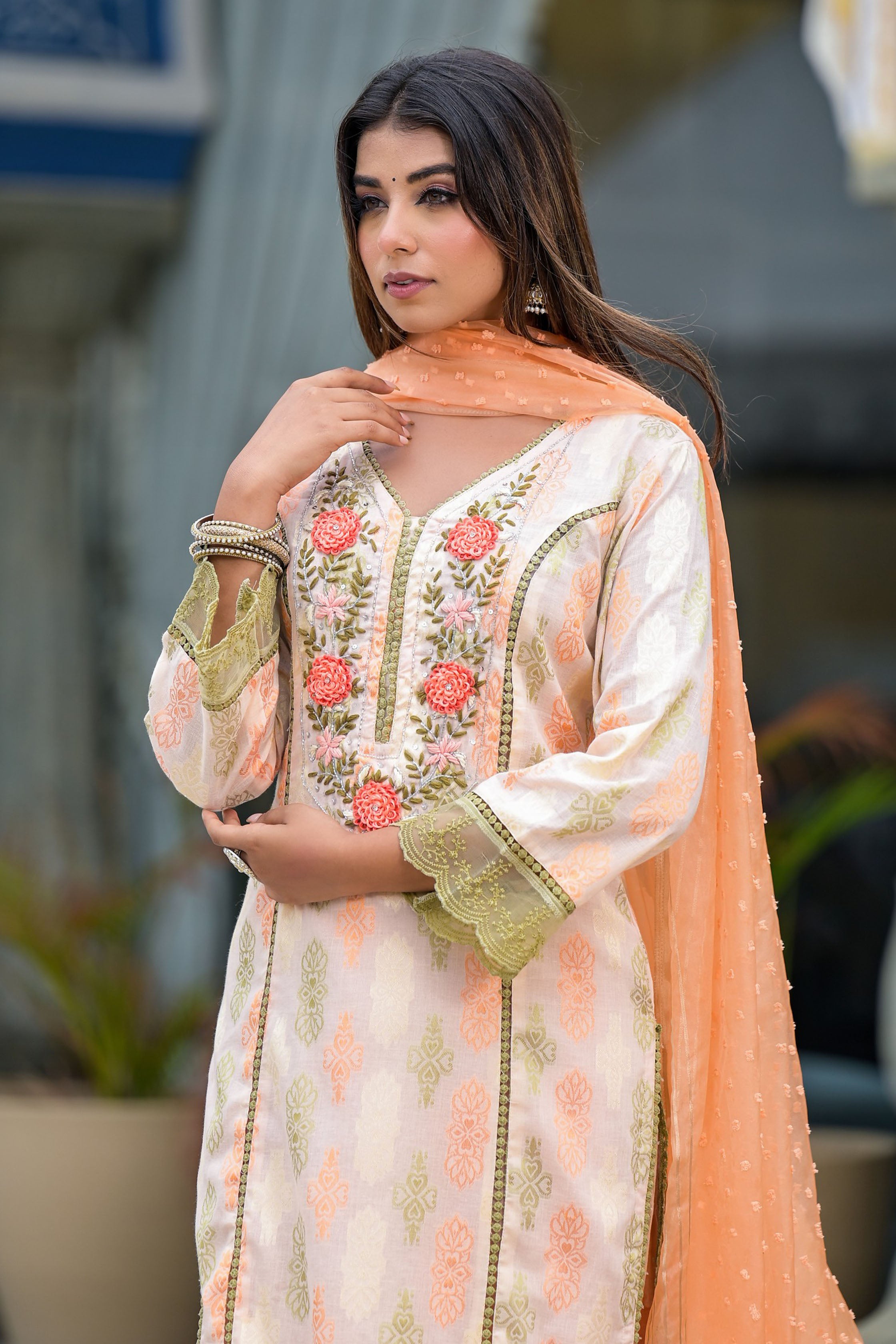 Peach Cotton Straight V-Neck Sequinned Kurta & Trouser With Dupatta