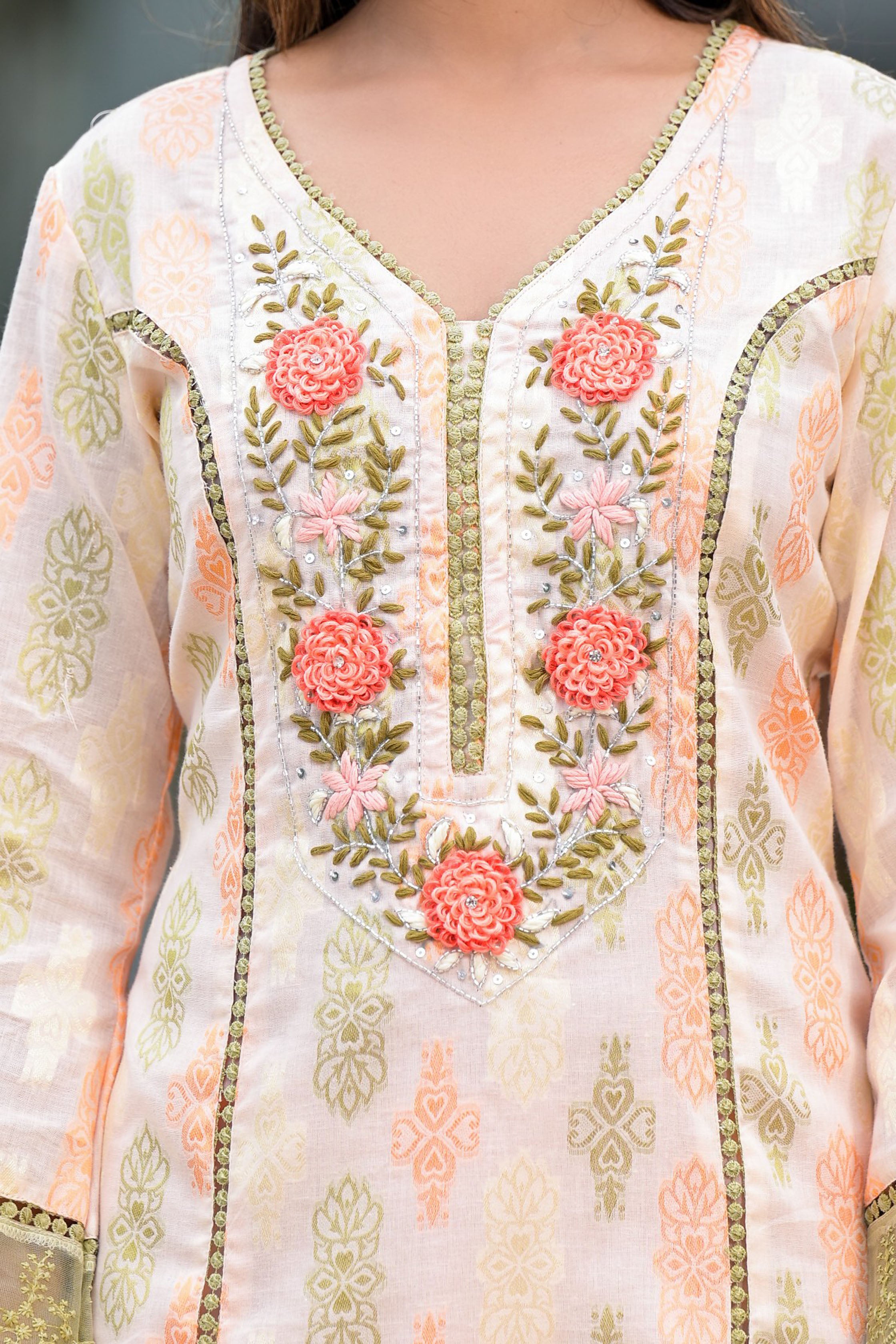 Peach Cotton Straight V-Neck Sequinned Kurta & Trouser With Dupatta
