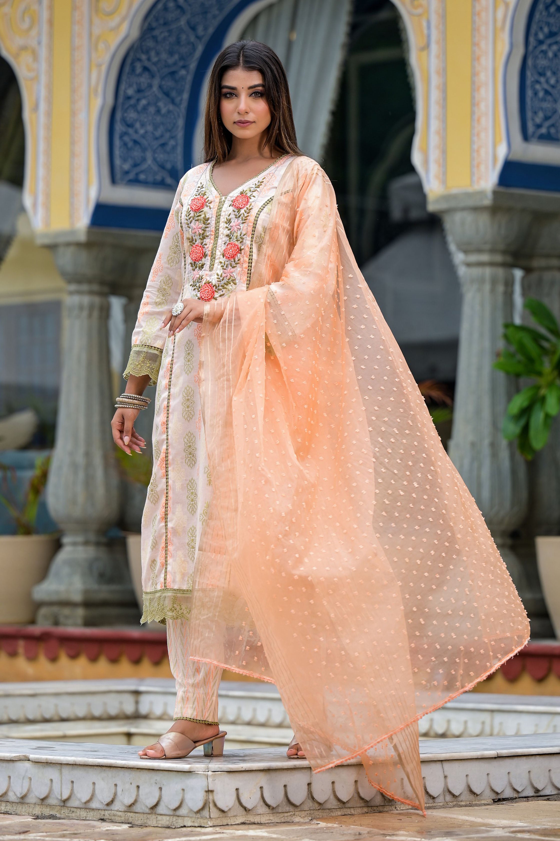 Peach Cotton Straight V-Neck Sequinned Kurta & Trouser With Dupatta