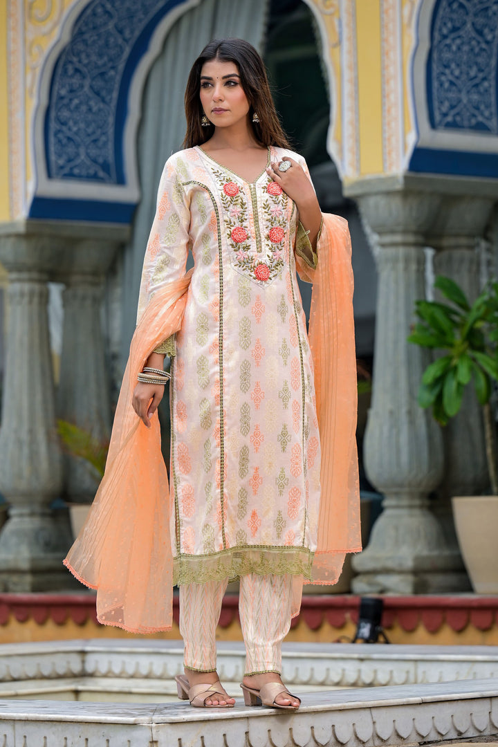 Peach Cotton Straight V-Neck Sequinned Kurta & Trouser With Dupatta