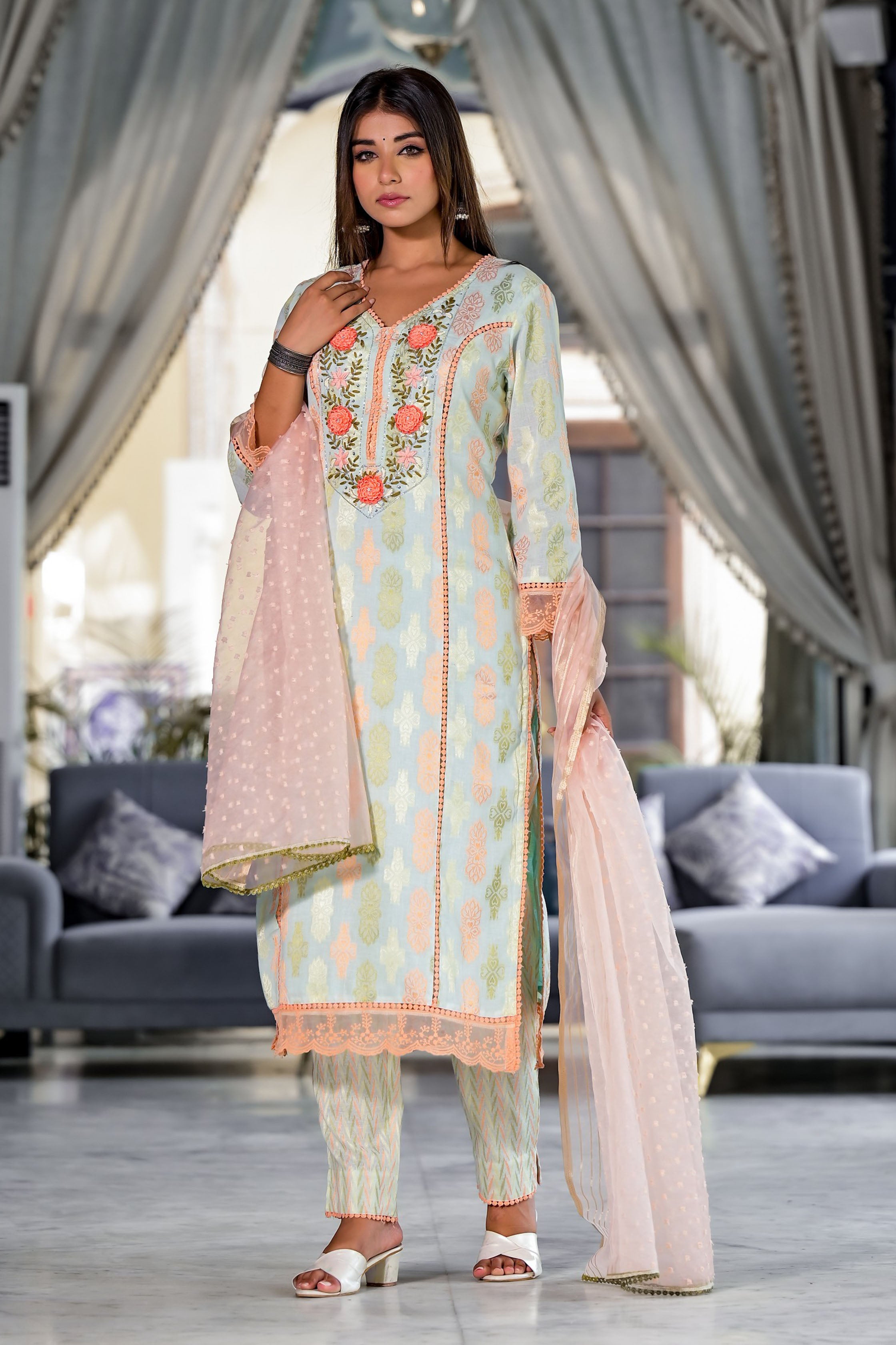 Sea Green Cotton Straight V-Neck Sequinned Kurta & Trouser With Dupatta