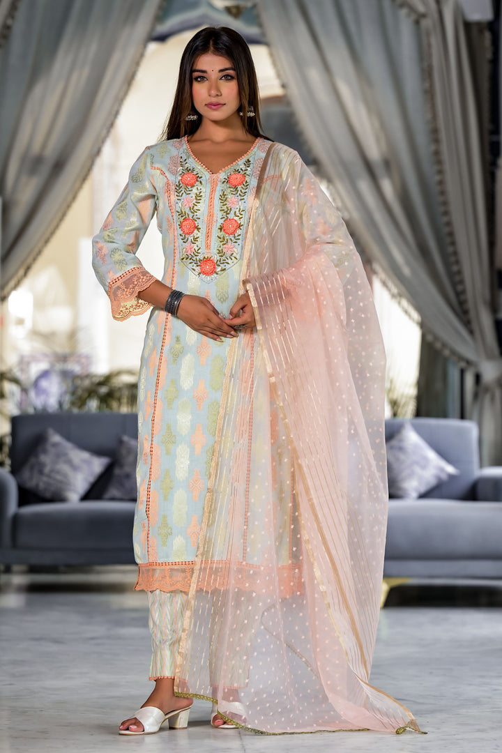 Aavanya Sea Green Cotton Straight V-Neck Sequinned Kurta & Trouser With Dupatta