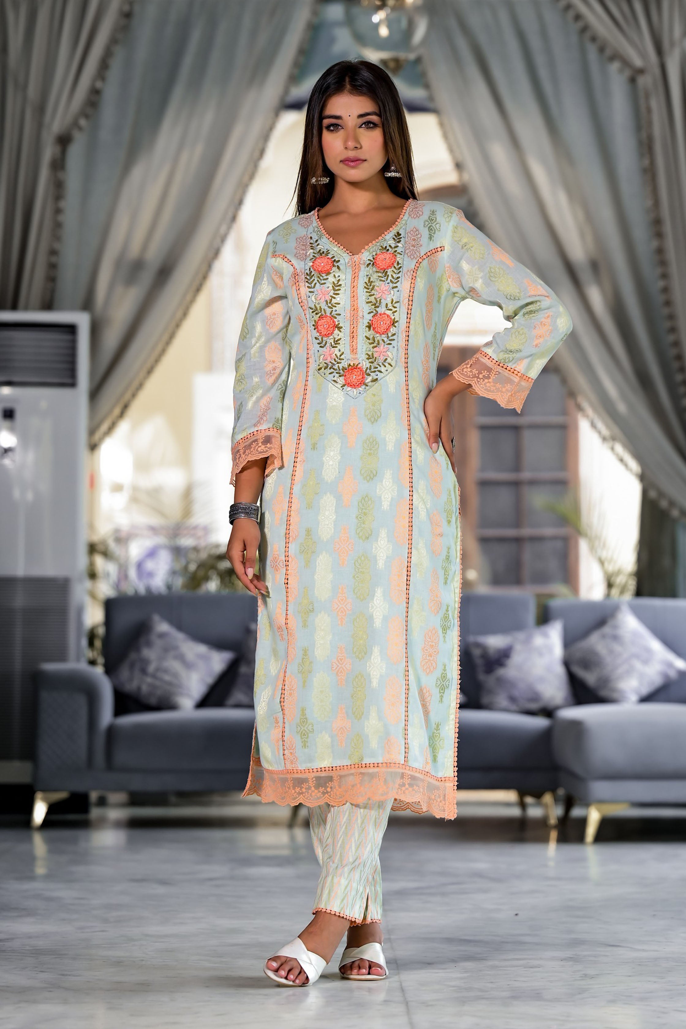 Sea Green Cotton Straight V-Neck Sequinned Kurta & Trouser With Dupatta