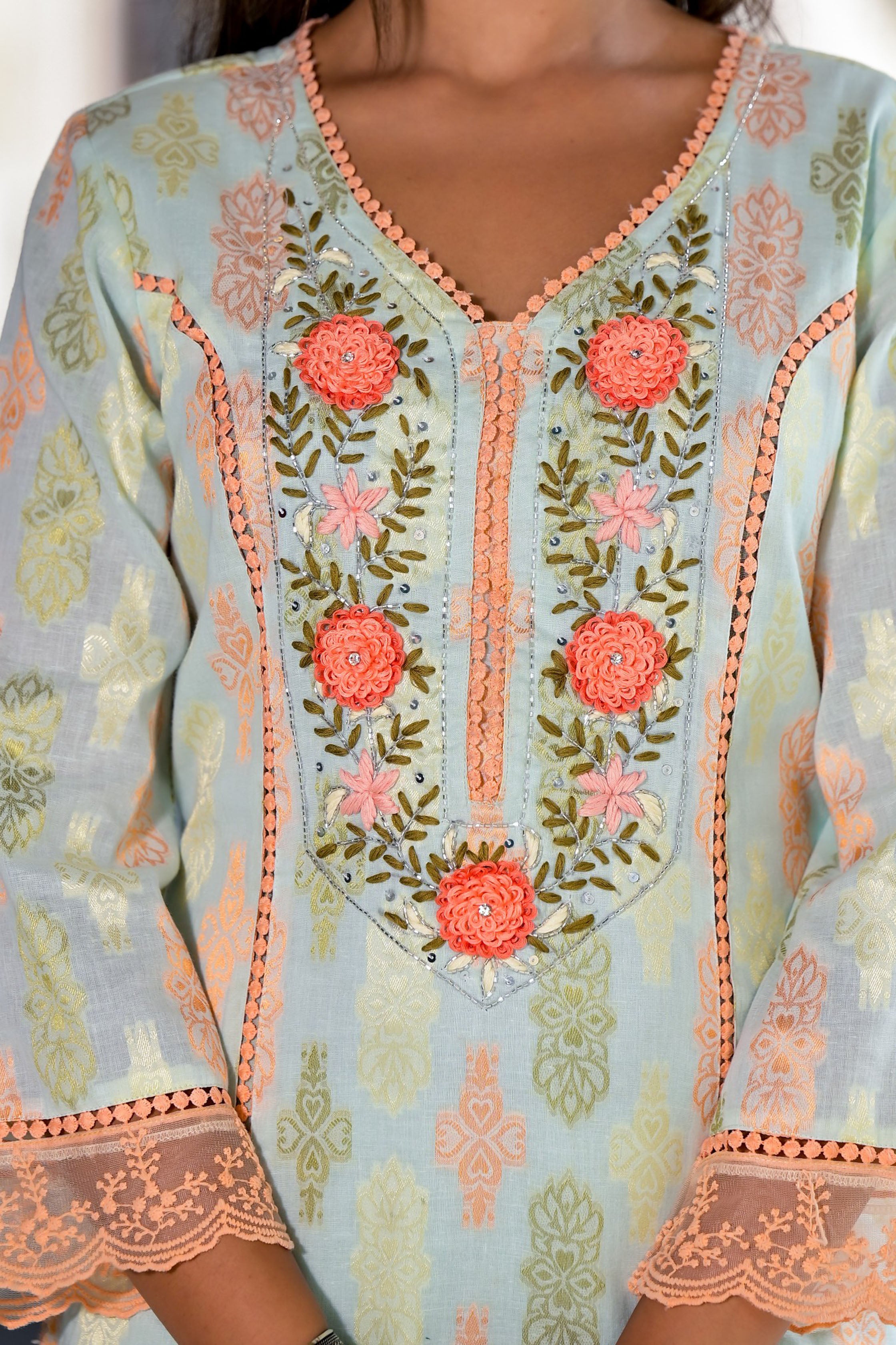 Sea Green Cotton Straight V-Neck Sequinned Kurta & Trouser With Dupatta