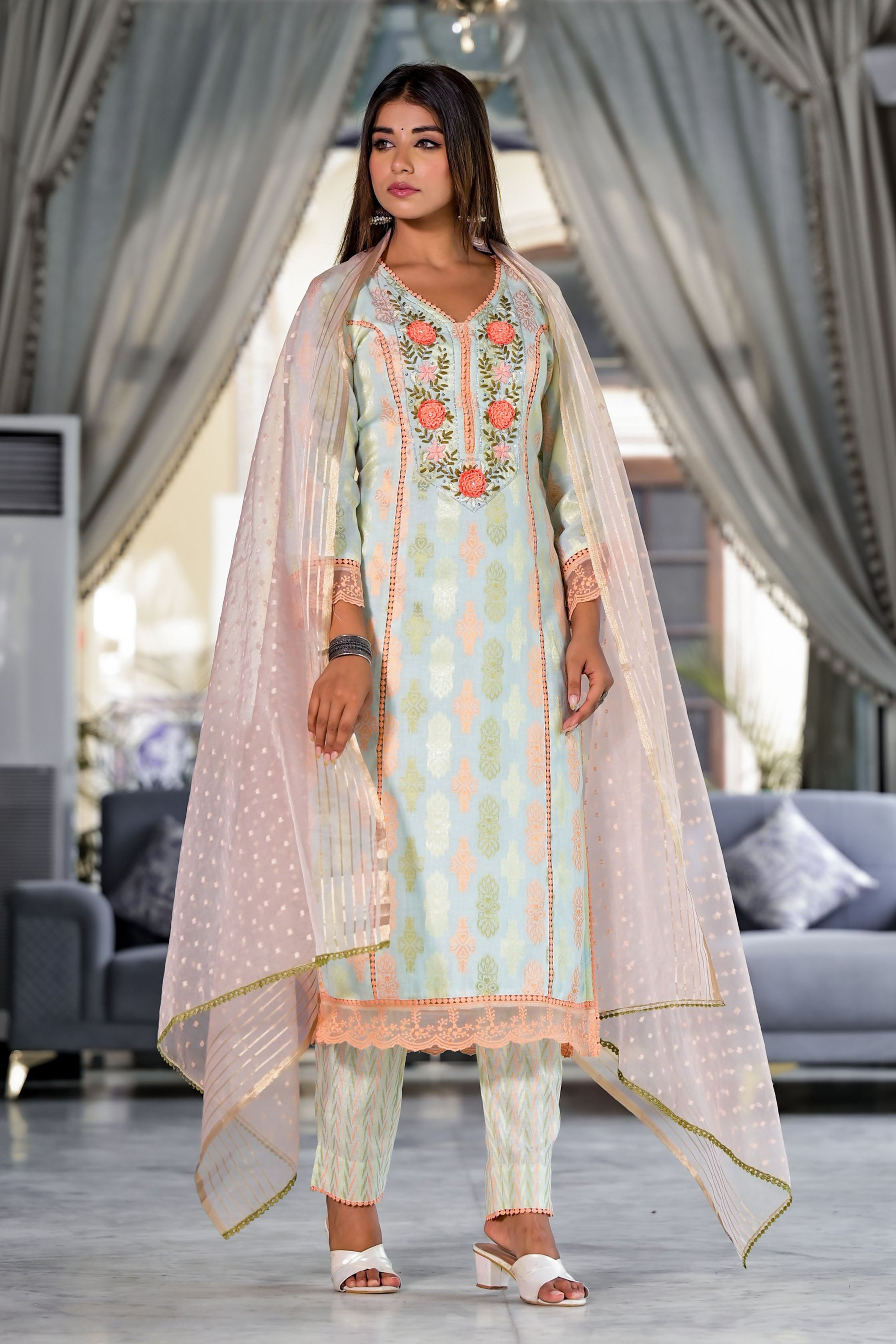 Sea Green Cotton Straight V-Neck Sequinned Kurta & Trouser With Dupatta
