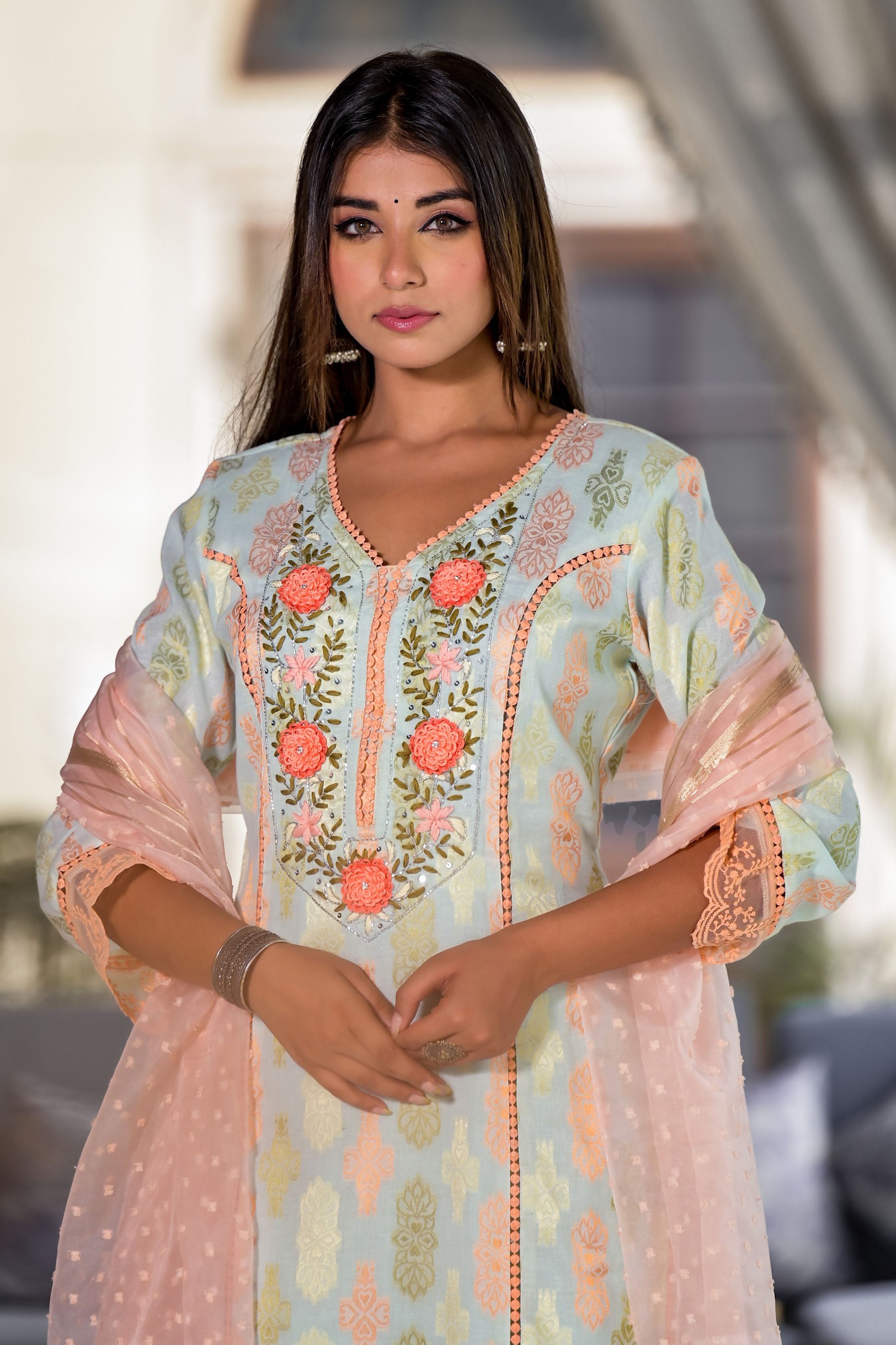 Sea Green Cotton Straight V-Neck Sequinned Kurta & Trouser With Dupatta