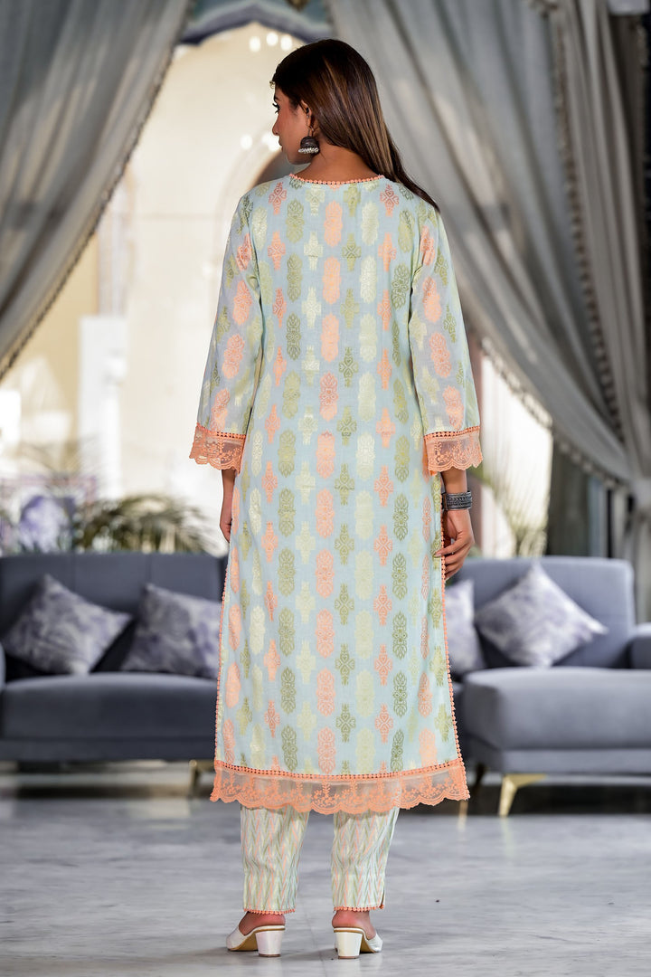 Sea Green Cotton Straight V-Neck Sequinned Kurta & Trouser With Dupatta