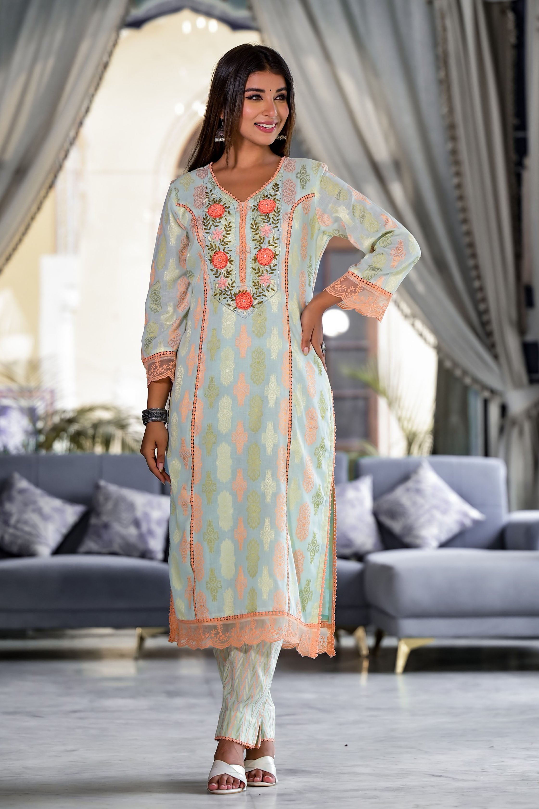 Sea Green Cotton Straight V-Neck Sequinned Kurta & Trouser With Dupatta