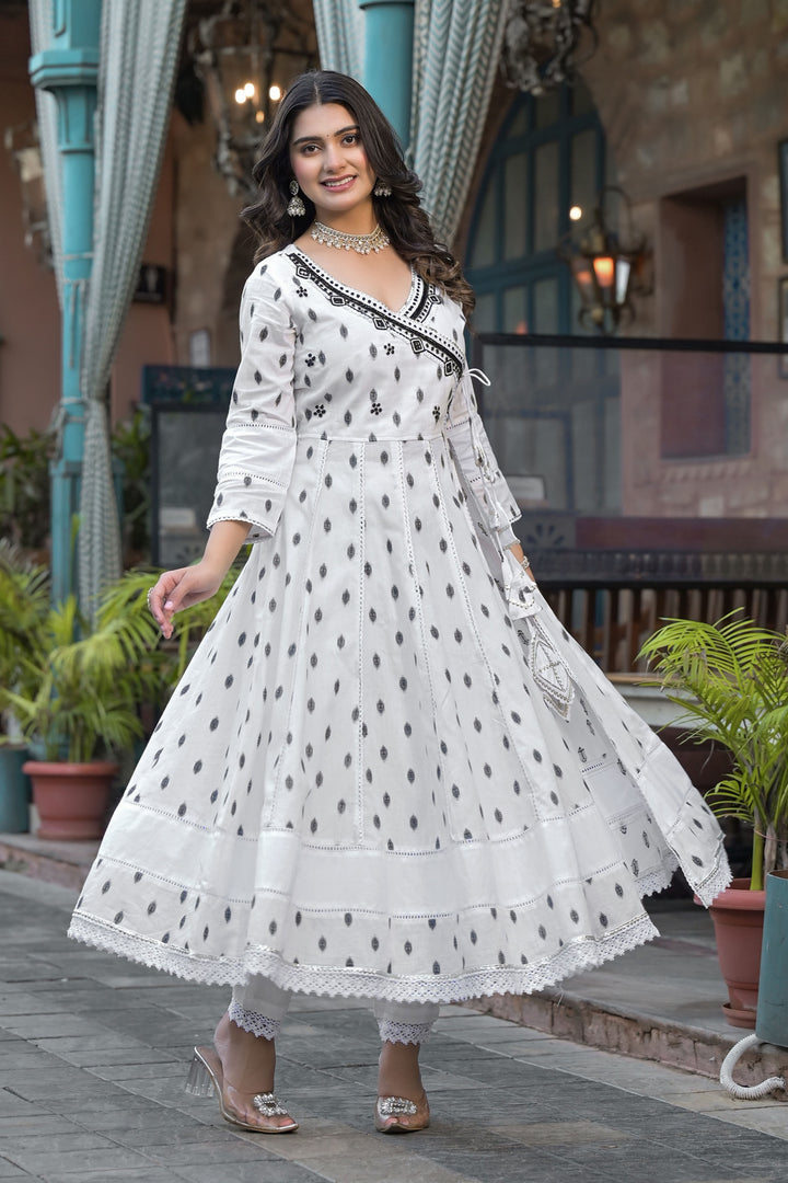 Aavanya White Cotton Bead & Stone Work V-Neck Anarkali Kurta & Trouser With Dupatta