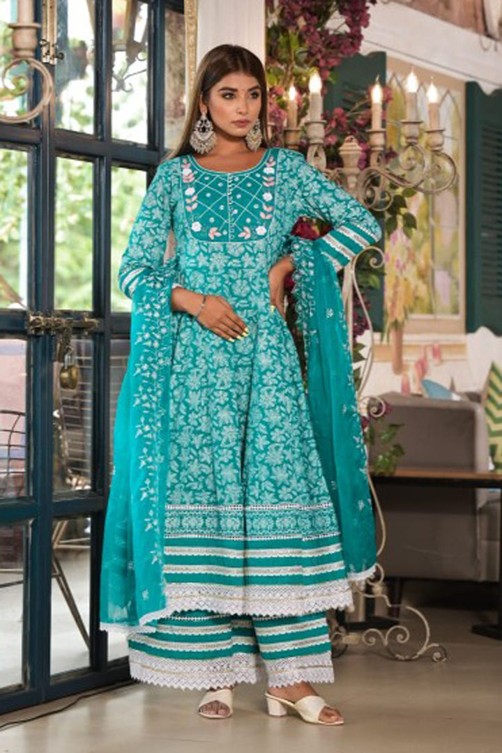 Green Cotton Anarkali Round Neck Thread Work Kurta & Palazzo With Dupatta