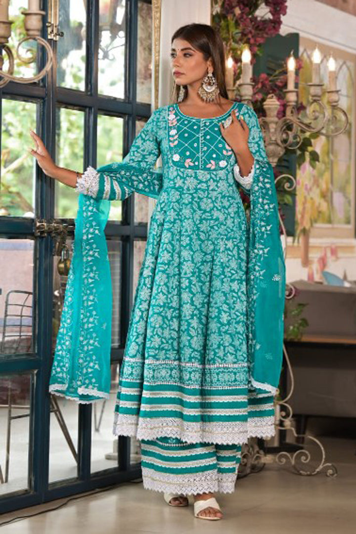 Aavanya Green Cotton Anarkali Round Neck Thread Work Kurta & Palazzo With Dupatta