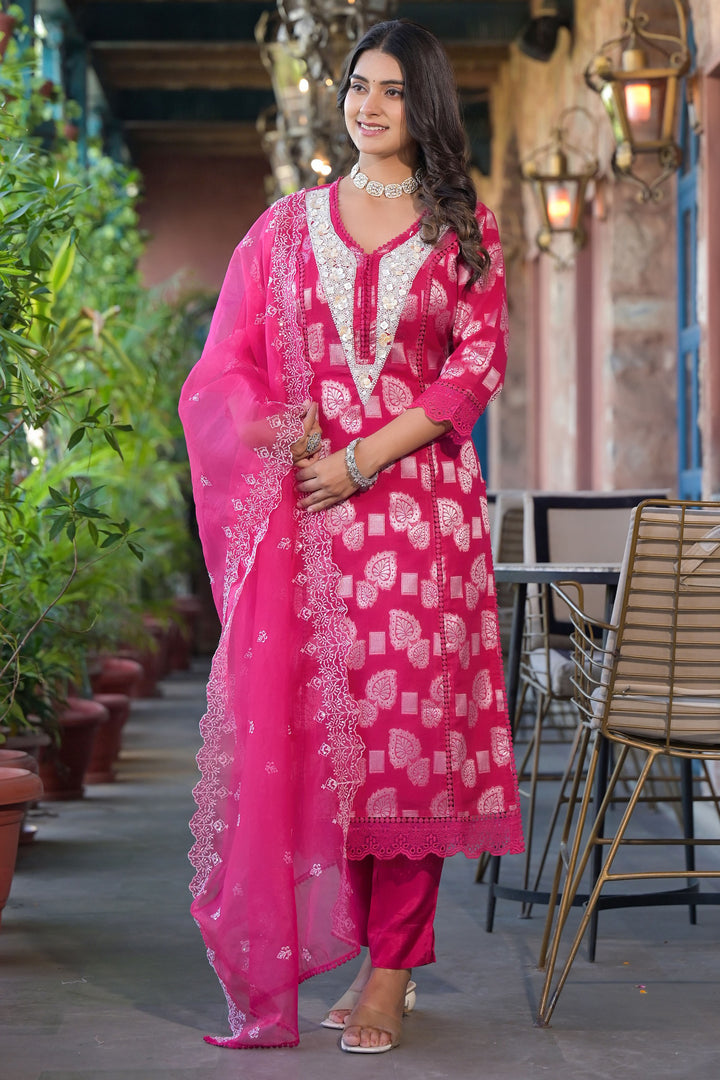 Aavanya Powder Blue Cotton with Hand Work V-Neck Kurta & Trouser With Dupatta