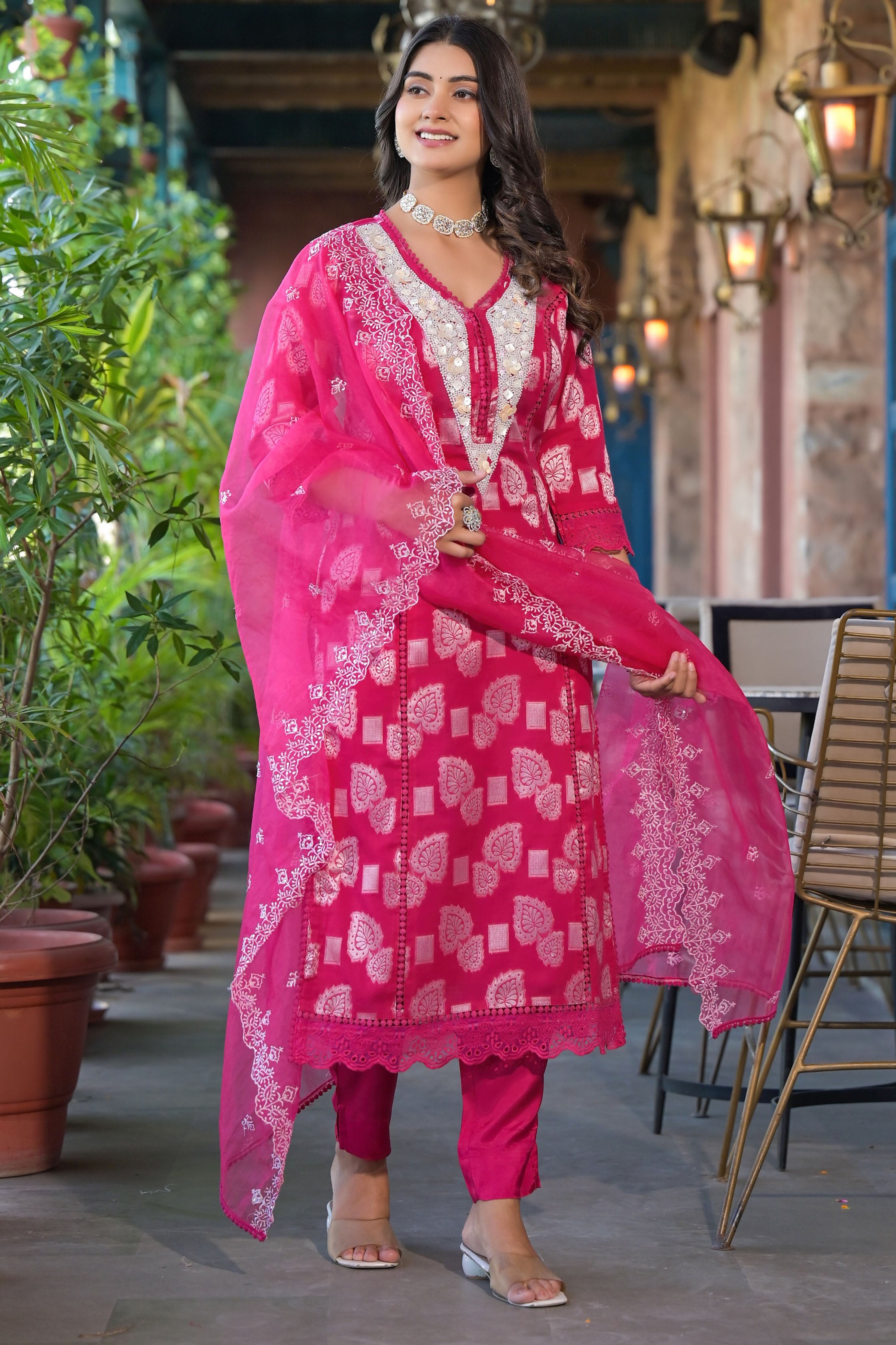 Powder Blue Cotton Prinetd with Hand Work V-Neck Kurta & Trouser With Dupatta
