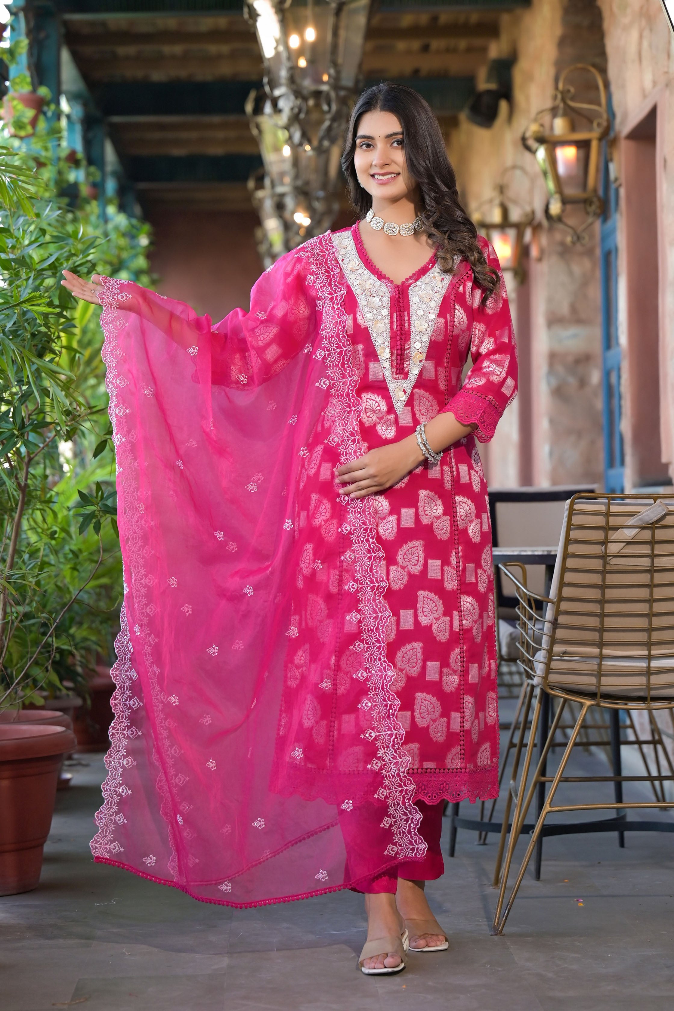Powder Blue Cotton Prinetd with Hand Work V-Neck Kurta & Trouser With Dupatta