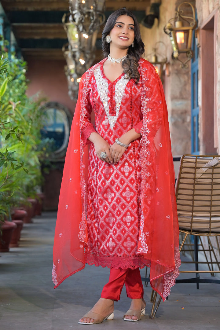 Powder Blue Cotton Prinetd with Hand Work V-Neck Kurta & Trouser With Dupatta