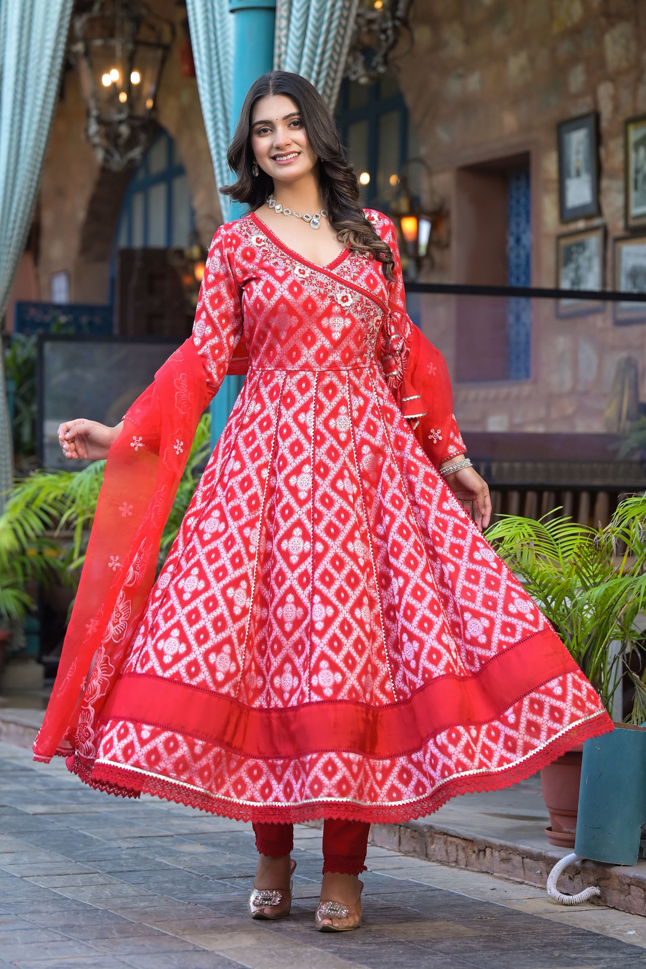 Maroon Cotton Zari Bead & Stone Work V-Neck 3/4 Sleeve Angrakha Anarkali Kurta & Trouser With Dupatta