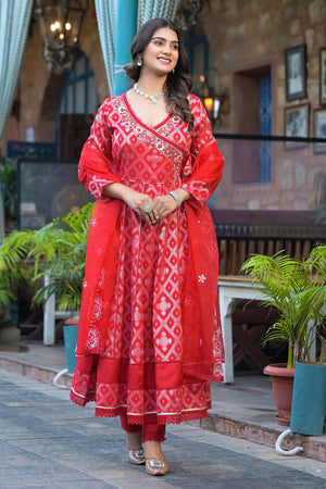 Aavanya Maroon Cotton Zari Bead & Stone Work V-Neck Angrakha Anarkali Kurta & Trouser With Dupatta