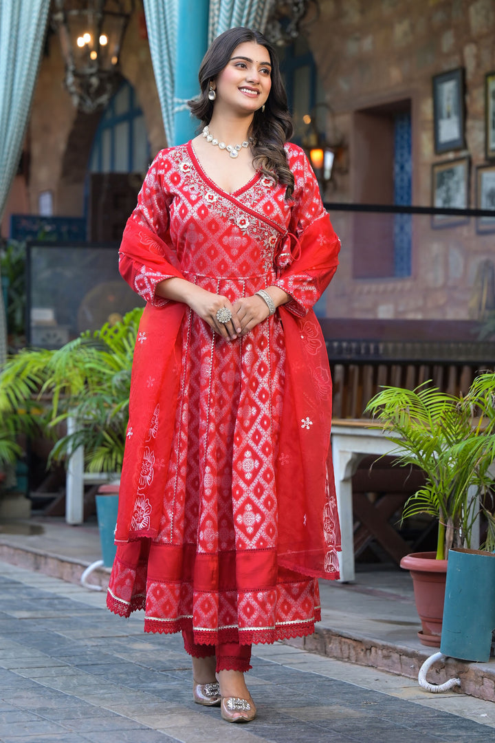 Aavanya Maroon Cotton Zari Bead & Stone Work V-Neck Angrakha Anarkali Kurta & Trouser With Dupatta