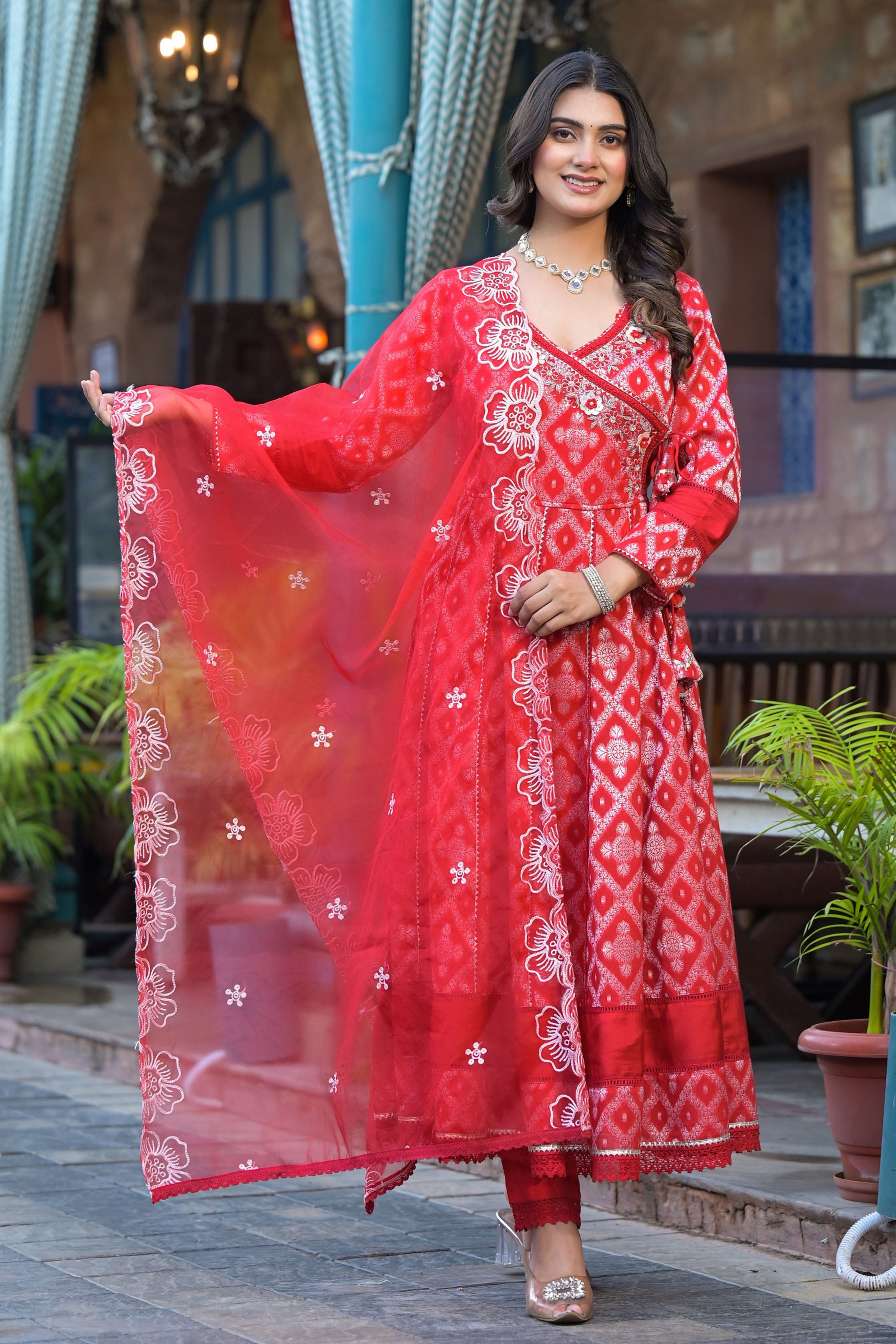 Maroon Cotton Zari Bead & Stone Work V-Neck 3/4 Sleeve Angrakha Anarkali Kurta & Trouser With Dupatta