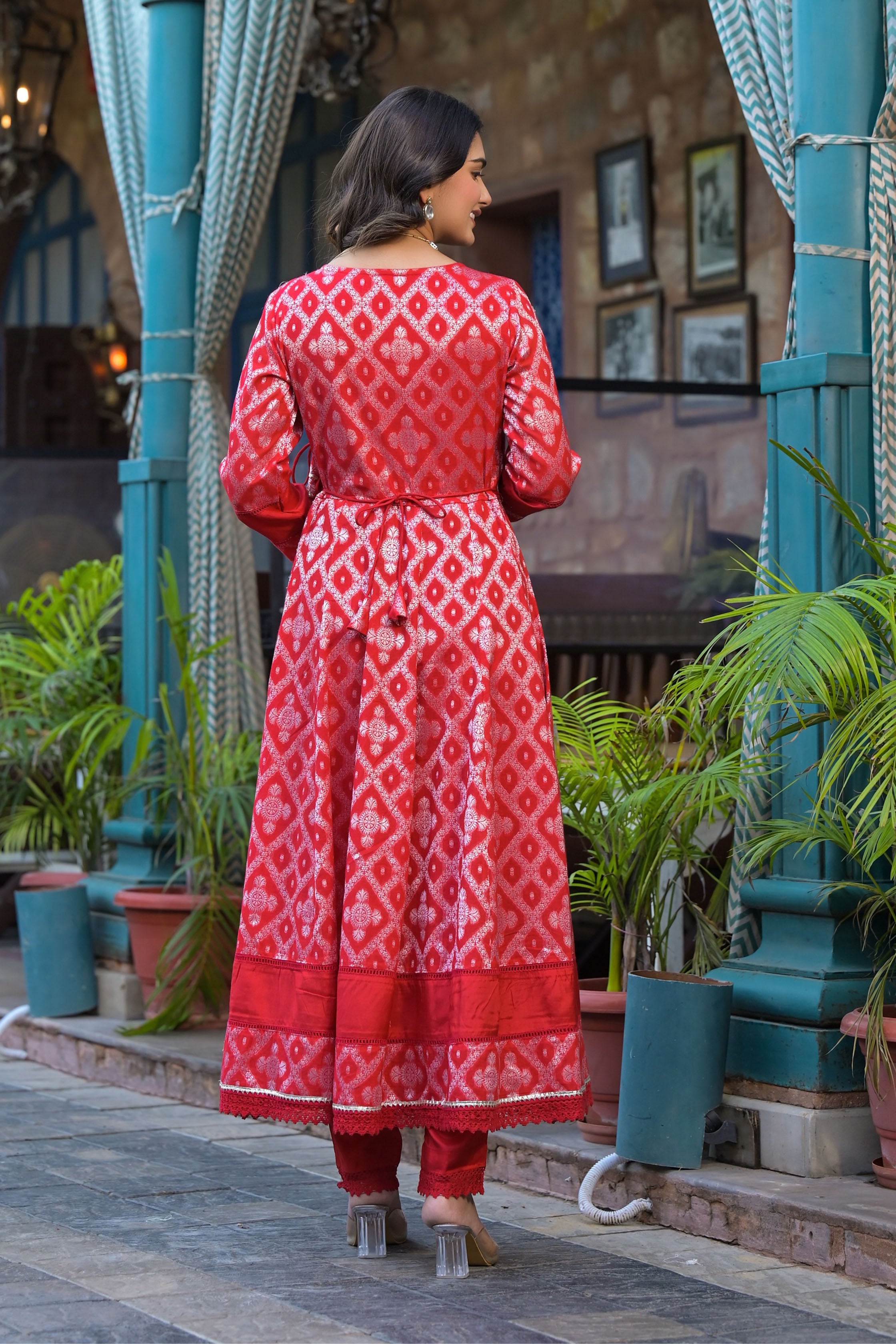Maroon Cotton Zari Bead & Stone Work V-Neck 3/4 Sleeve Angrakha Anarkali Kurta & Trouser With Dupatta