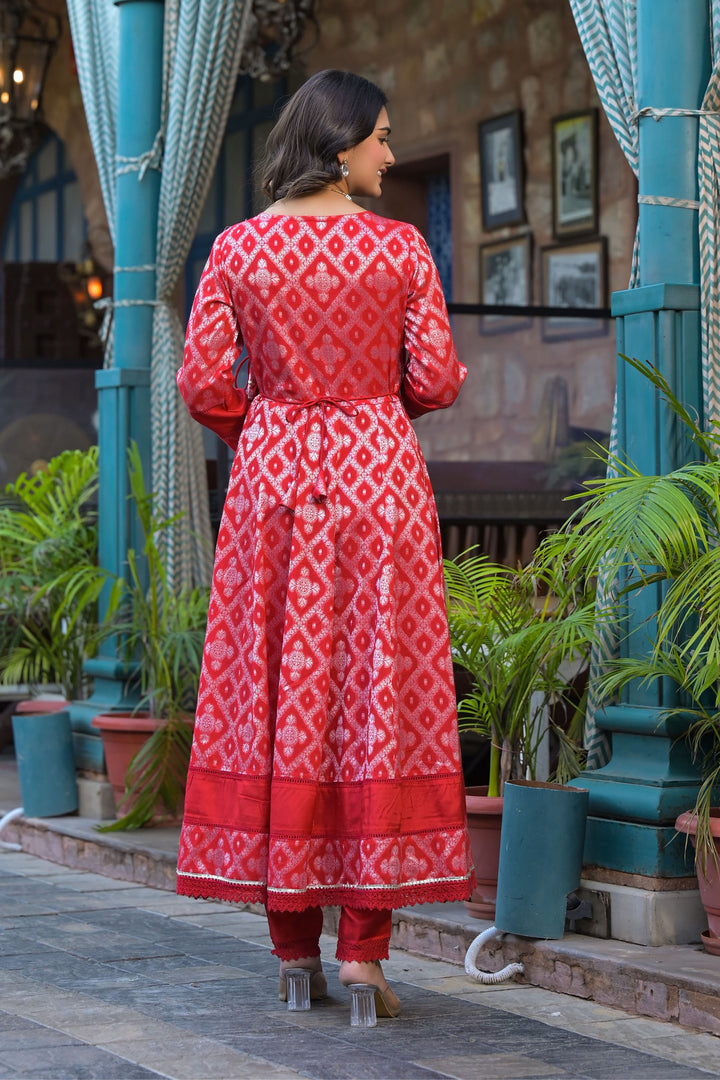 Maroon Cotton Zari Bead & Stone Work V-Neck 3/4 Sleeve Angrakha Anarkali Kurta & Trouser With Dupatta