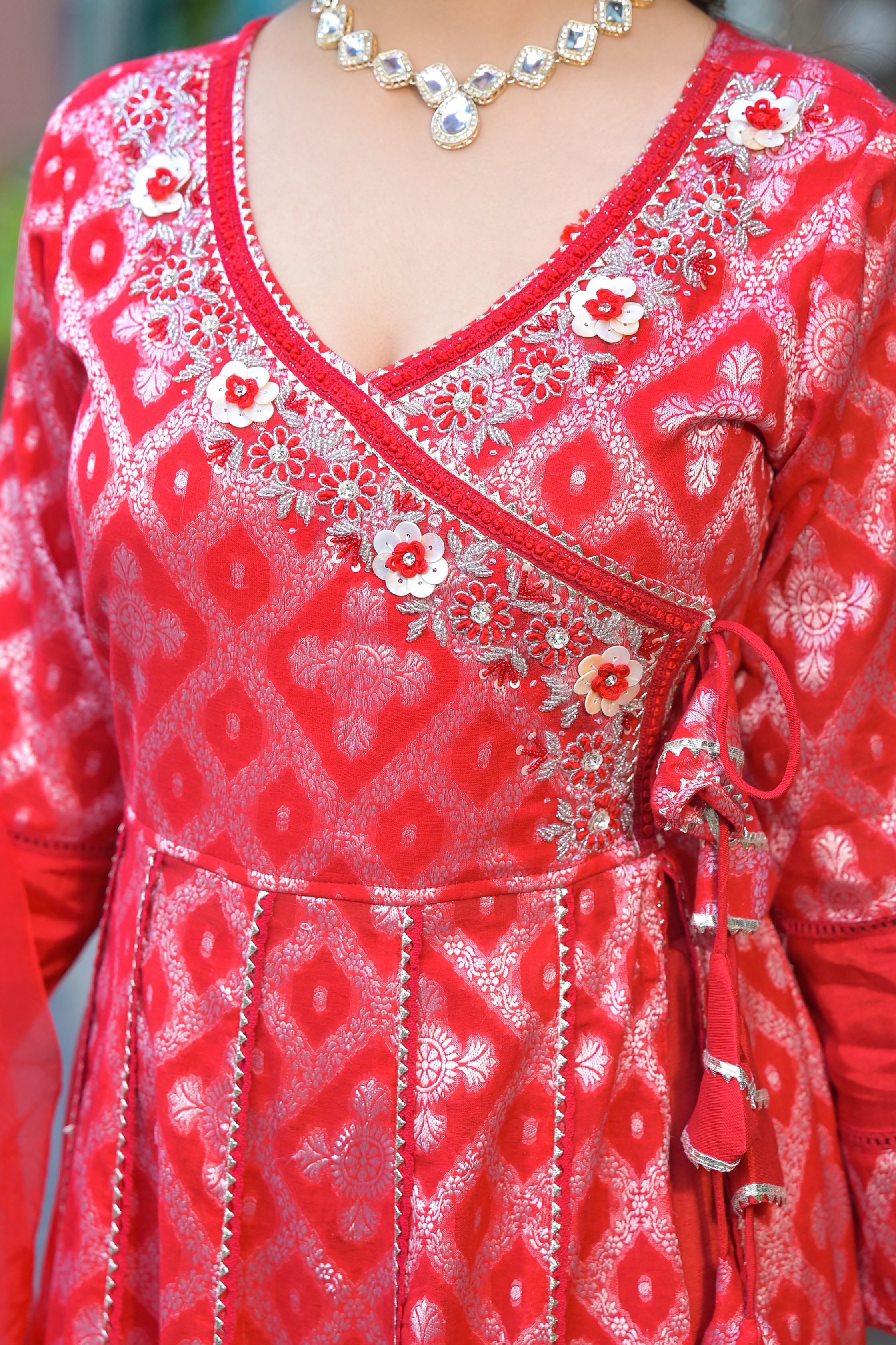 Maroon Cotton Zari Bead & Stone Work V-Neck 3/4 Sleeve Angrakha Anarkali Kurta & Trouser With Dupatta