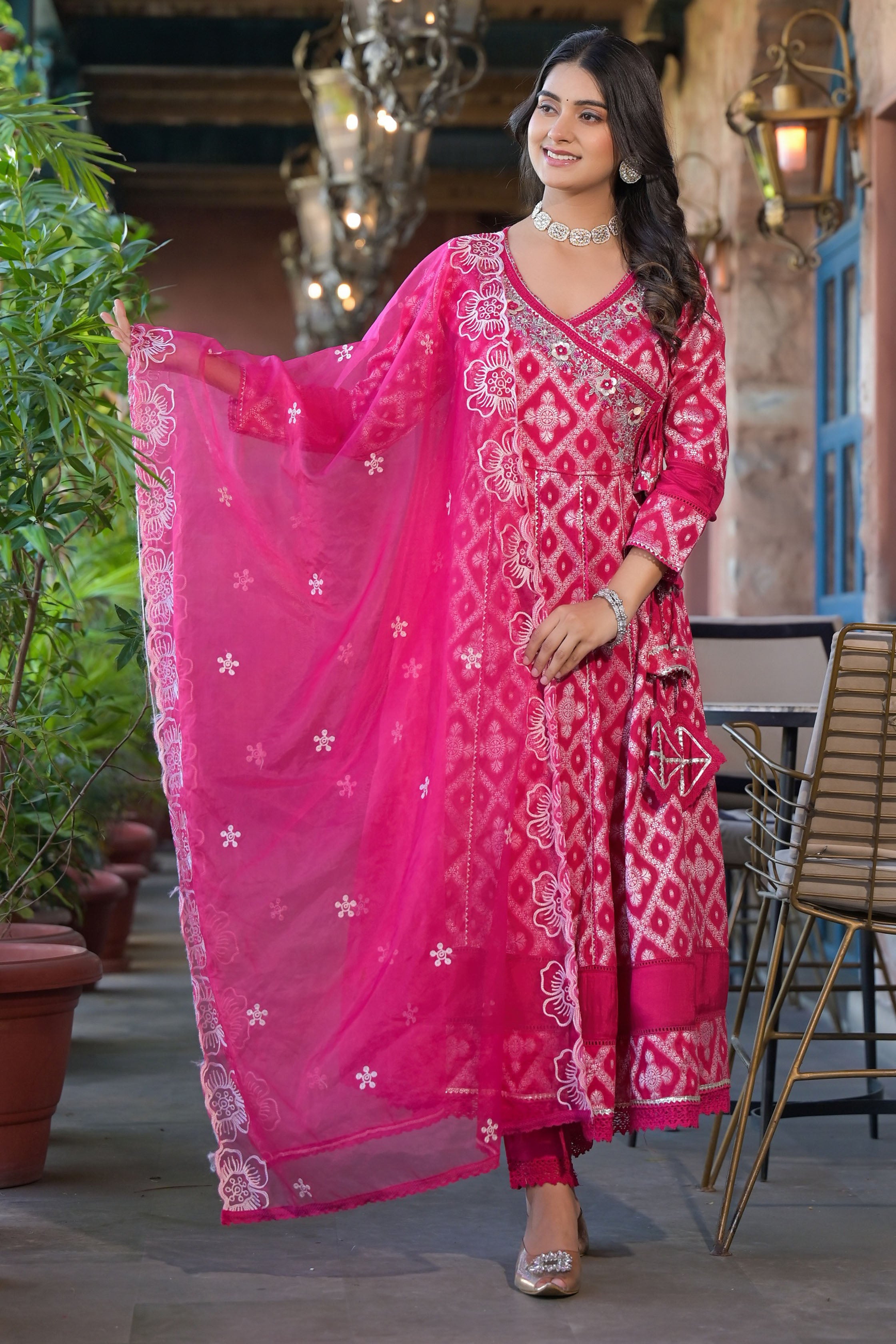 Pink Cotton Zari Bead & Stone Work V-Neck 3/4 Sleeve Angrakha Anarkali Kurta & Trouser With Dupatta