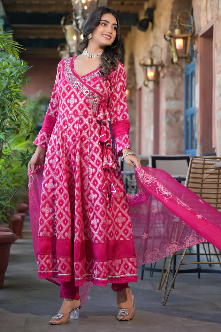 Pink Cotton Zari Bead & Stone Work V-Neck 3/4 Sleeve Angrakha Anarkali Kurta & Trouser With Dupatta