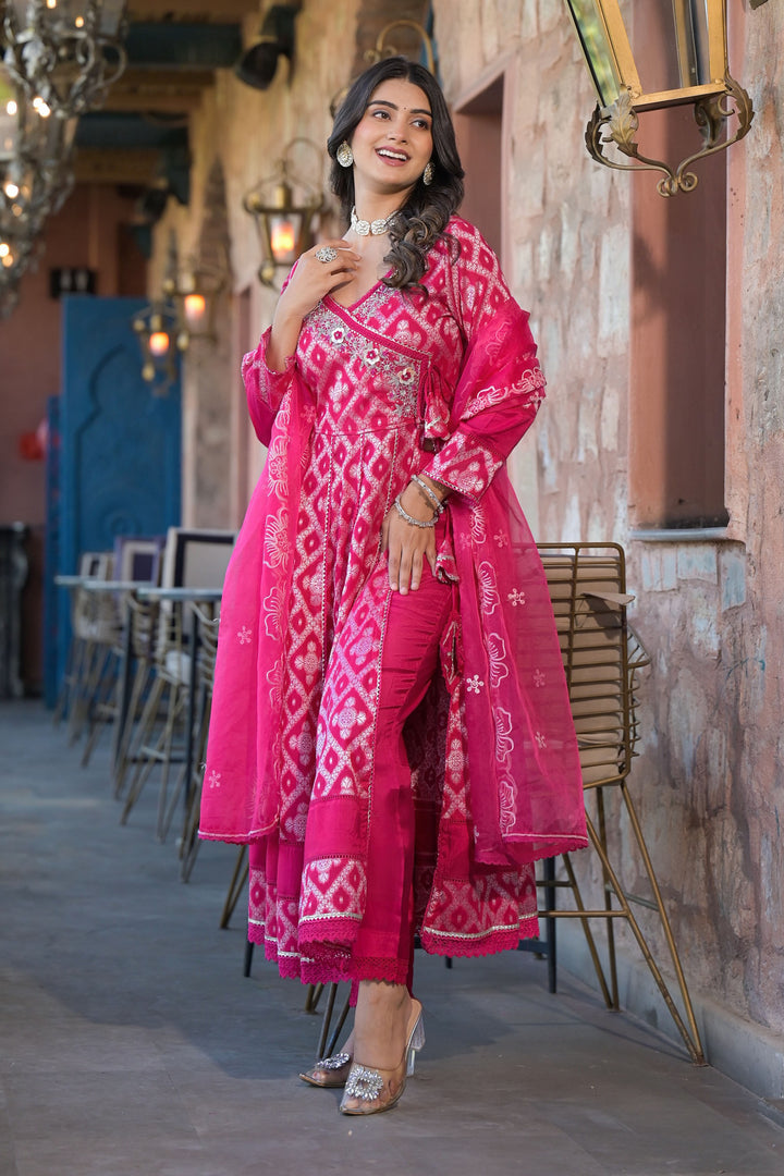 Aavanya Pink Cotton Zari Bead & Stone Work V-Neck Angrakha Anarkali Kurta & Trouser With Dupatta