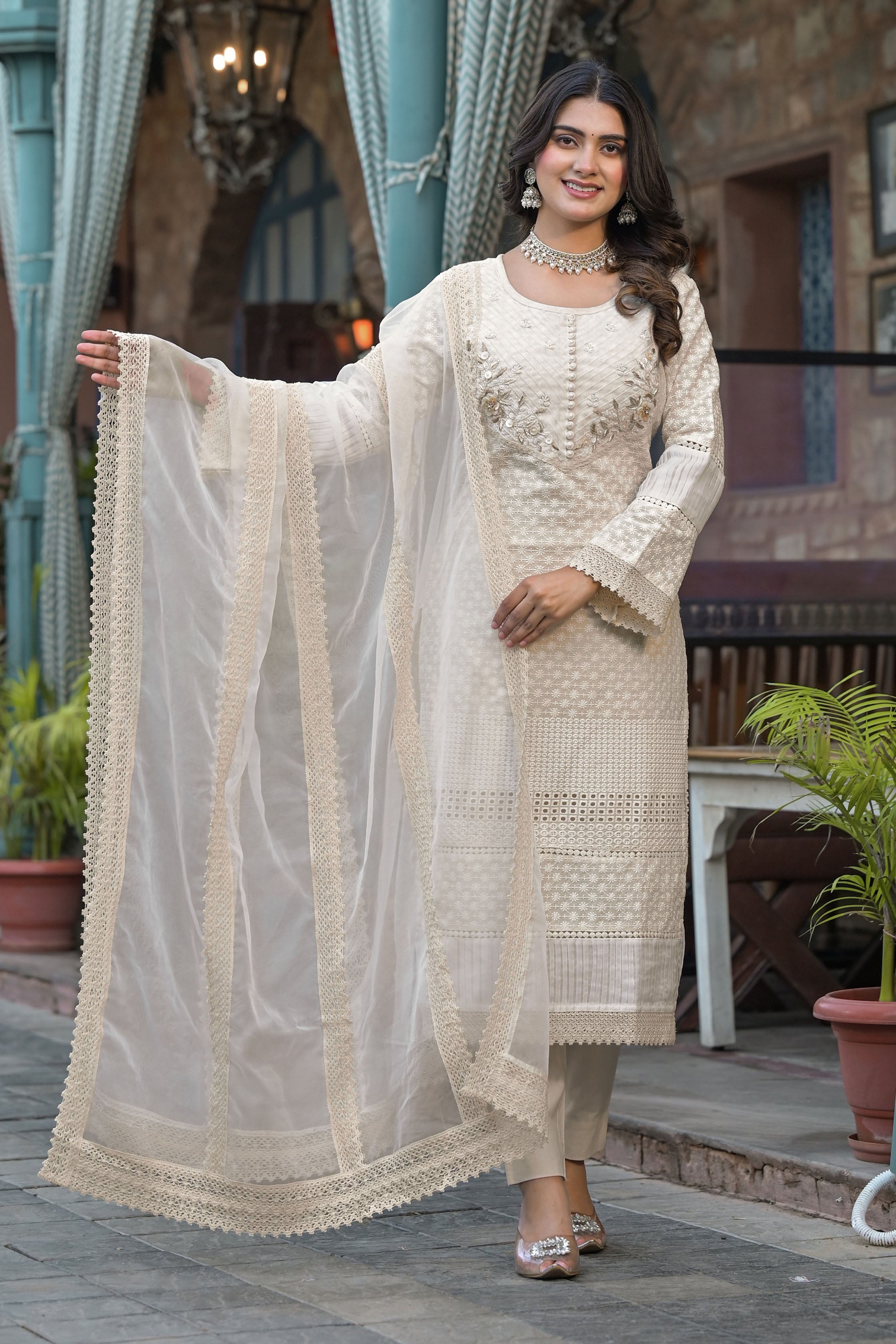Off White Cotton Prinetd Bead & Stone work Round Neck Kurta & Trouser With Dupatta