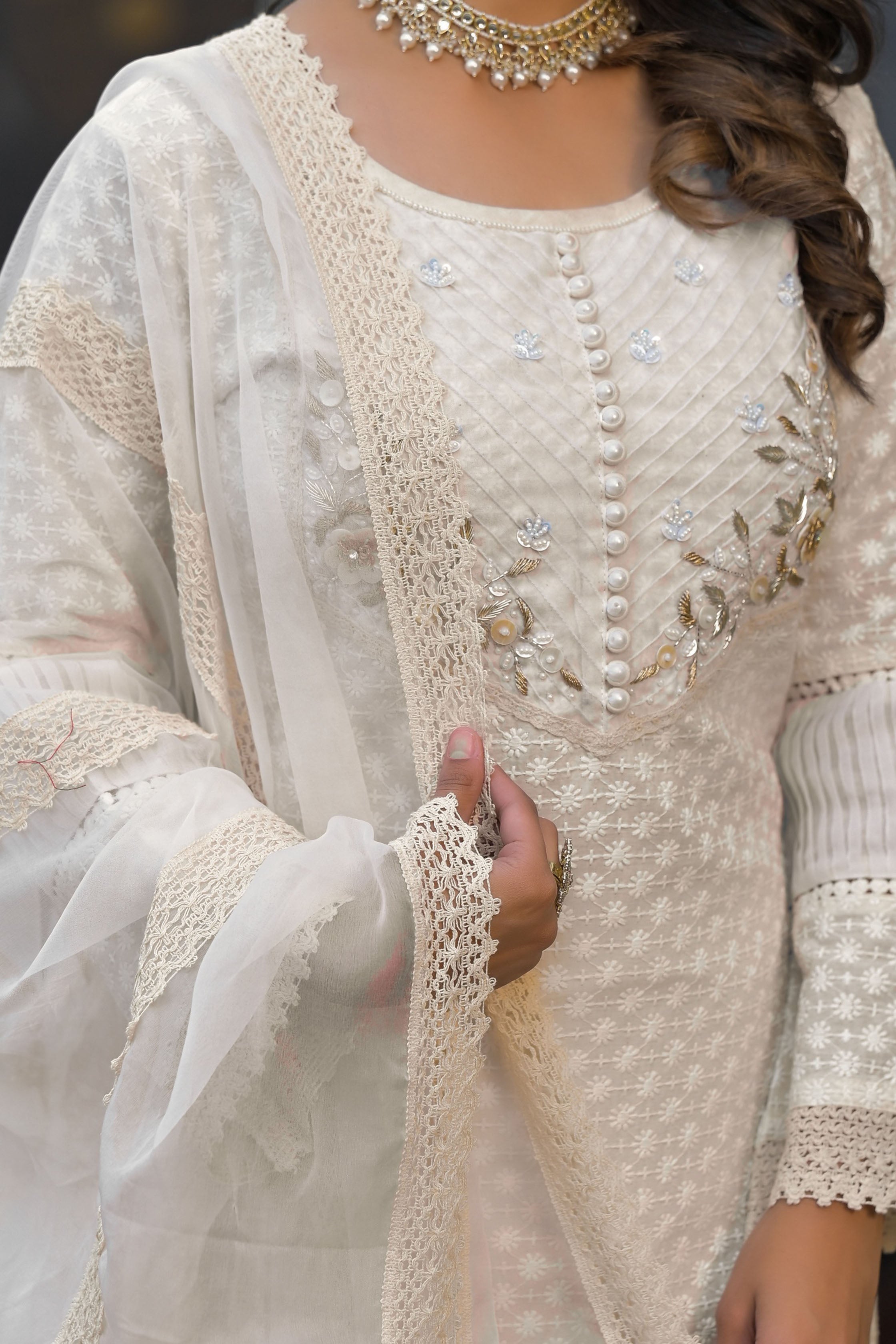 Off White Cotton Prinetd Bead & Stone work Round Neck Kurta & Trouser With Dupatta