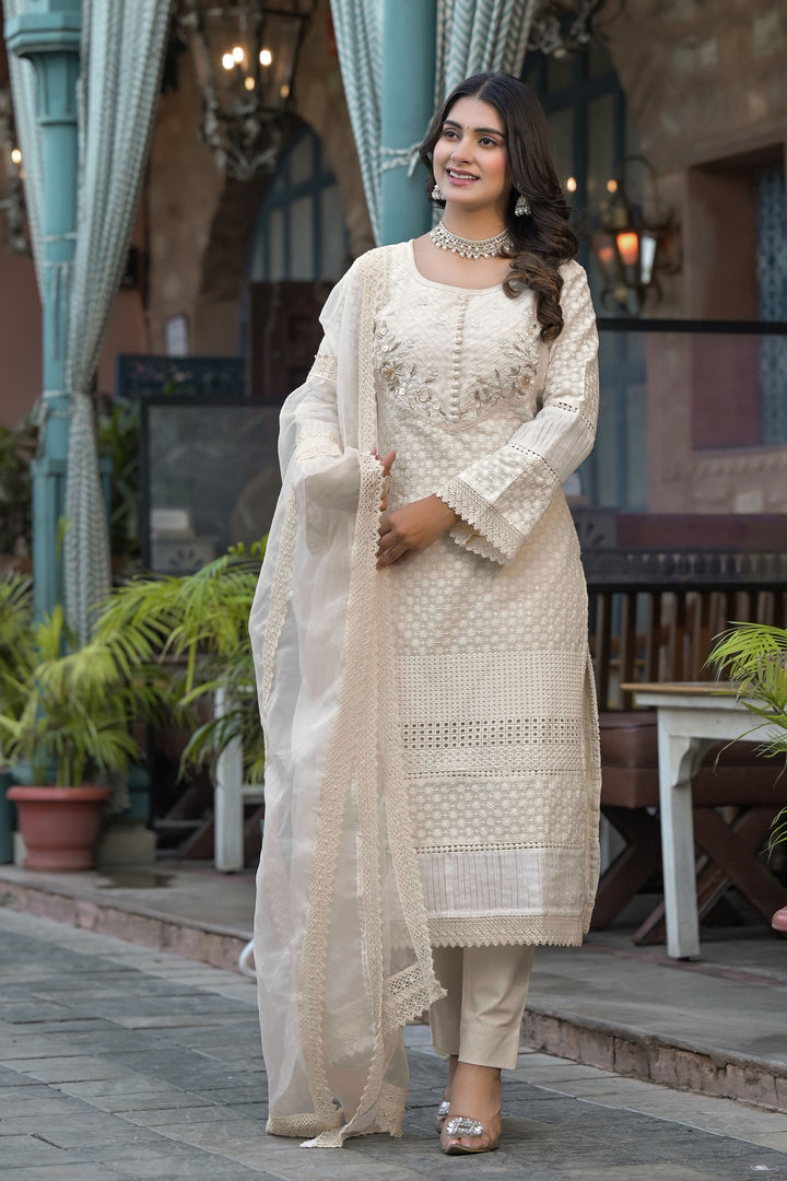 Aavanya Off White Cotton Bead & Stone work Round Neck Kurta & Trouser With Dupatta