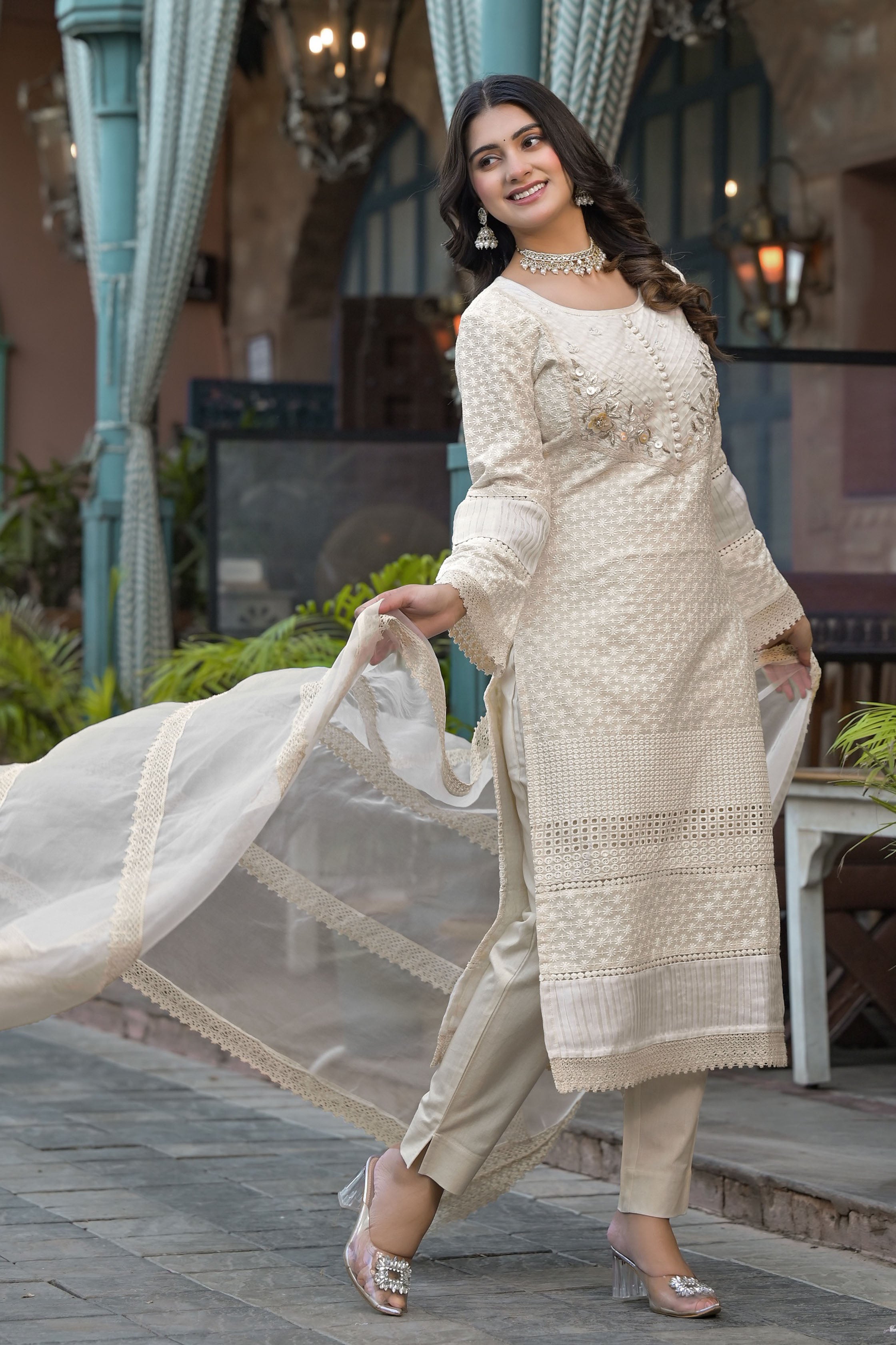Off White Cotton Prinetd Bead & Stone work Round Neck Kurta & Trouser With Dupatta