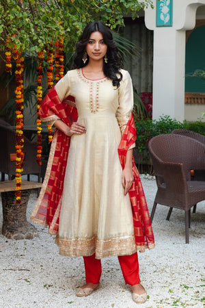 Aavanya Beige Chanderi Silk Anarkali Round Neck Zari Kurta & Trouser With Dupatta